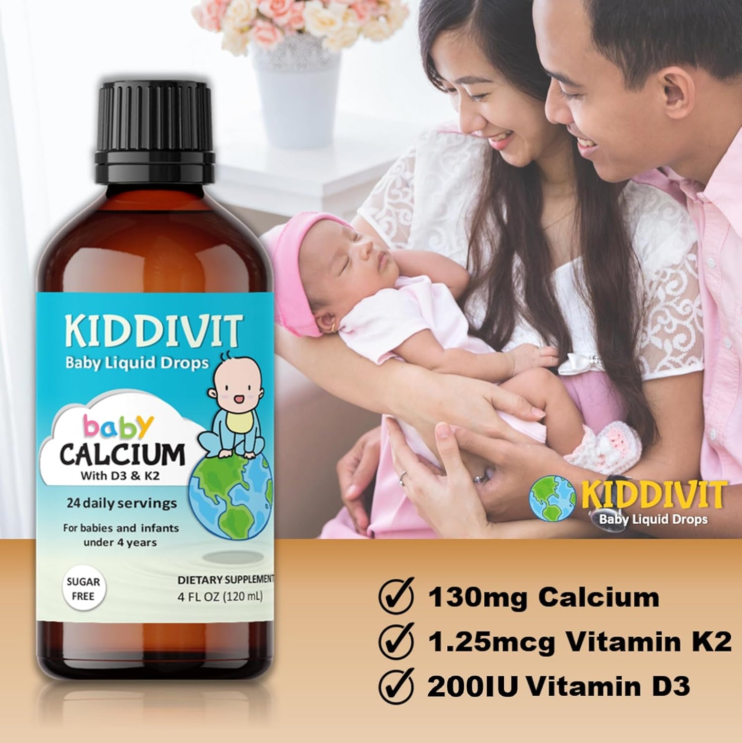 Kiddivit Baby Calcium Liquid Drops with Vitamin D3 & K2, 120 mL - Inulin Fortified, Sugar Free & Vegetarian Friendly