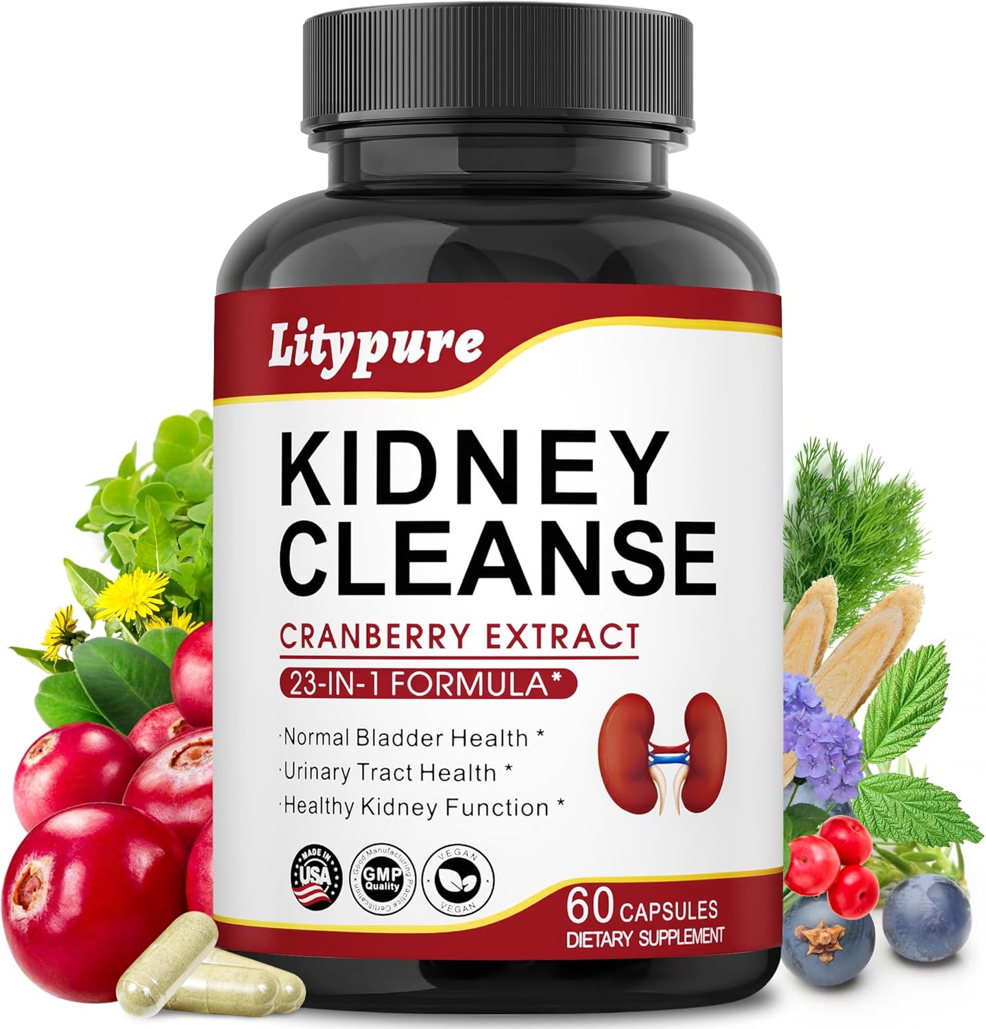 Kidney Cleanse Detox & Repair Supplement with Cranberry Extract - Herbal Formula for Urinary Tract Health - 60 Capsules