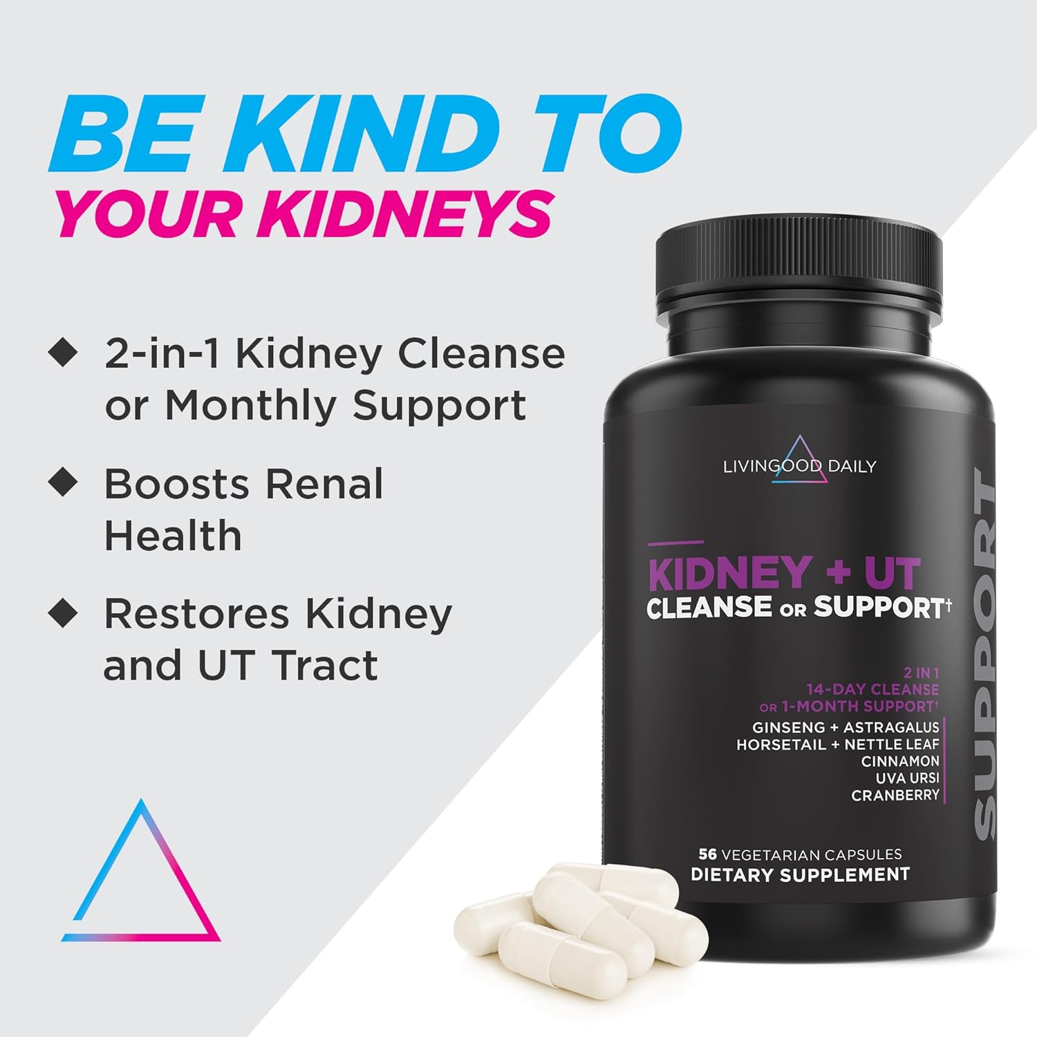 Kidney Support Supplement for Men & Women - 14-Day Cleanse & Detox Capsules for Renal, Bladder & UTI Health - Non-GMO Formula (56 Capsules)