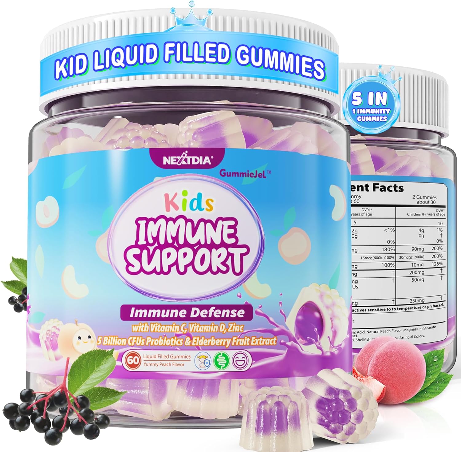 Kids 6-in-1 Daily Immune Support Gummies with Probiotics, Vitamin C, Zinc & Elderberry - 60 Count