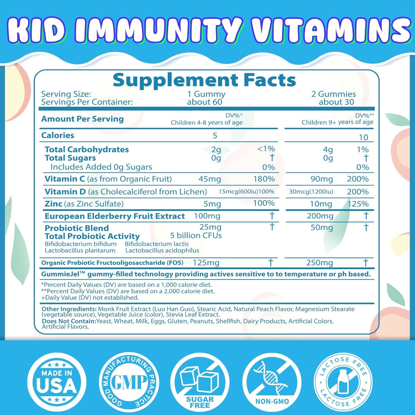 Kids 6-in-1 Daily Immune Support Gummies with Probiotics, Vitamin C, Zinc & Elderberry - 60 Count