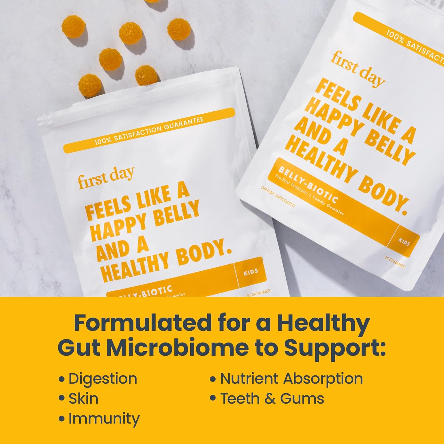 Kids' Belly-Biotic Tribiotic Gummies: Prebiotic, Probiotic, & Postbiotic Support for Gut Health & Immune Function - 60-Day Supply