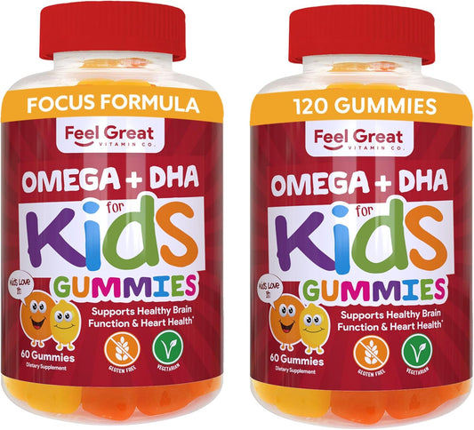 Kid's Brain Boost: Feel Great DHA + 3 6 9 Omega Chewable Gummies - Natural Focus & Development - 275mg Omega - Chia Oil - 2 Pack