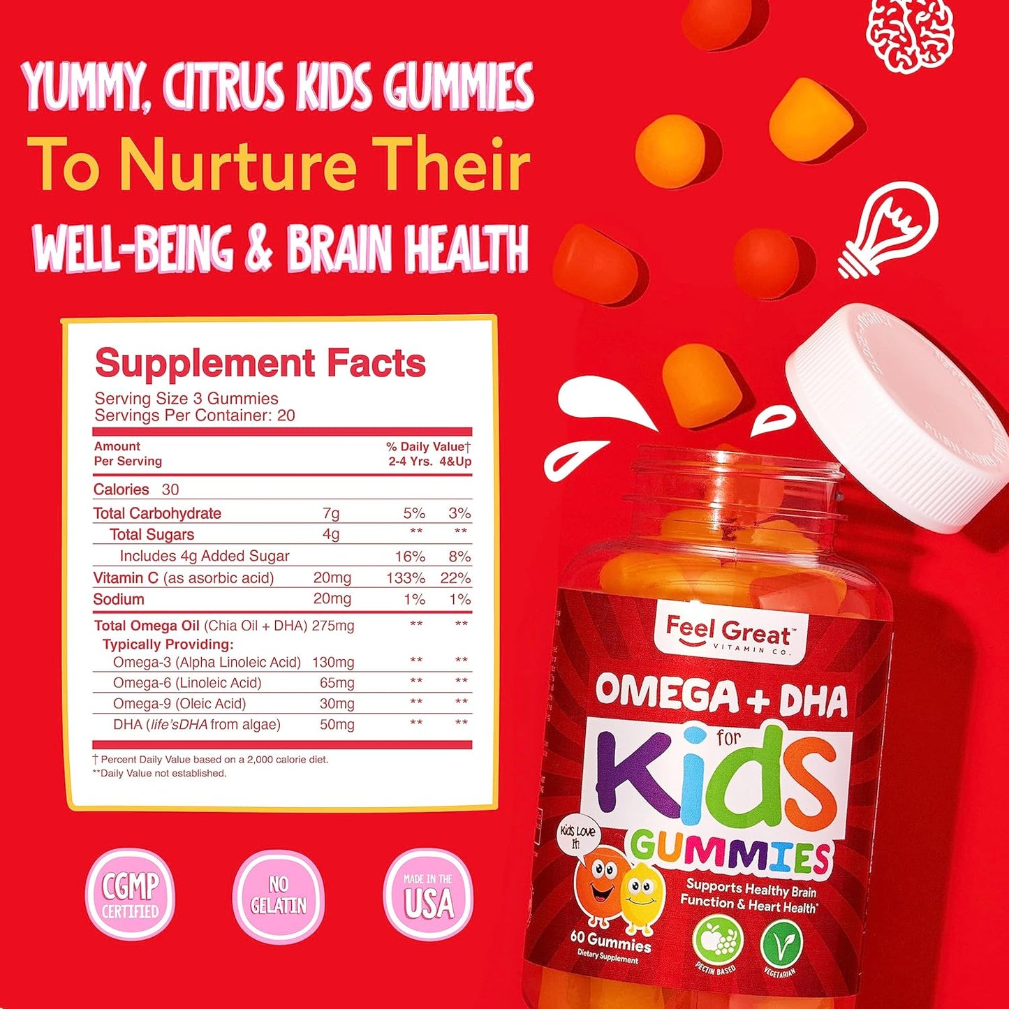 Kid's Brain Boost: Feel Great DHA + 3 6 9 Omega Chewable Gummies - Natural Focus & Development - 275mg Omega - Chia Oil - 2 Pack