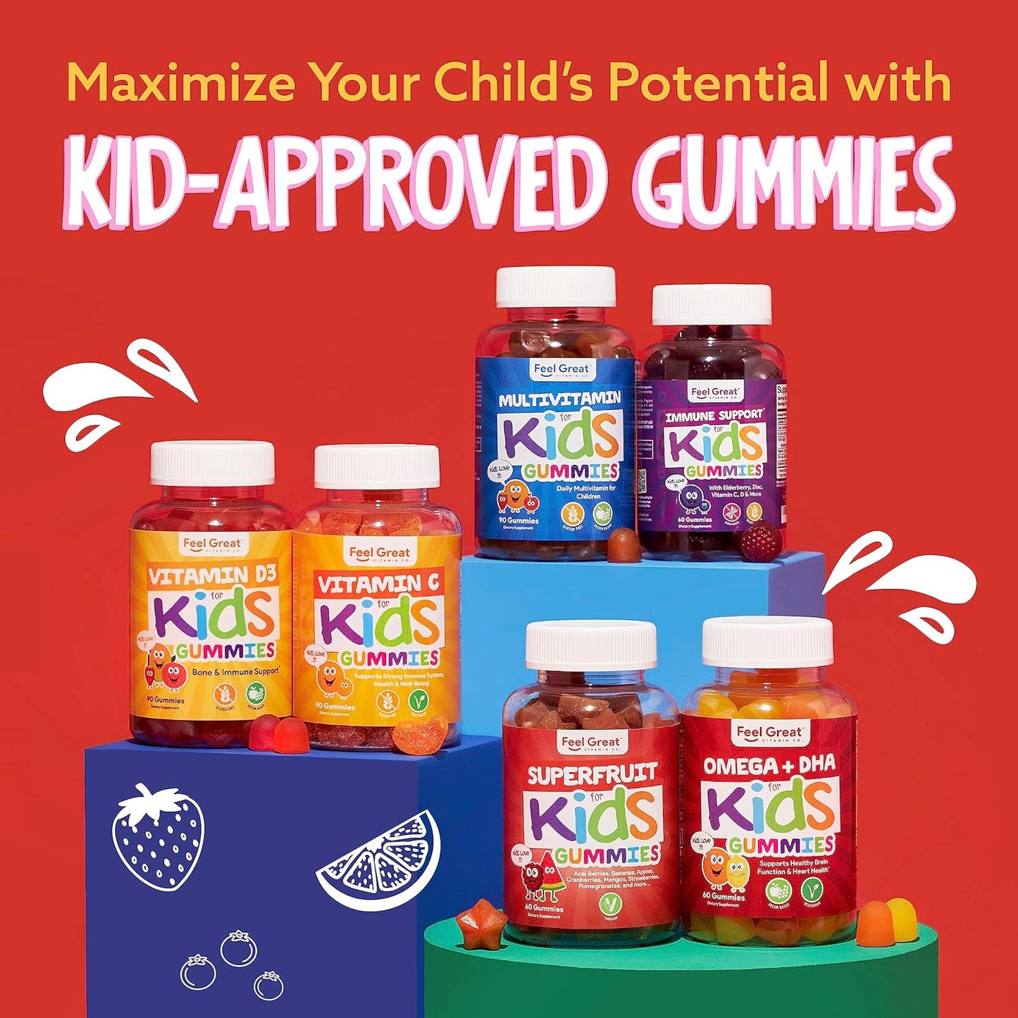 Kid's Brain Boost: Feel Great DHA + 3 6 9 Omega Chewable Gummies - Natural Focus & Development - 275mg Omega - Chia Oil - 2 Pack