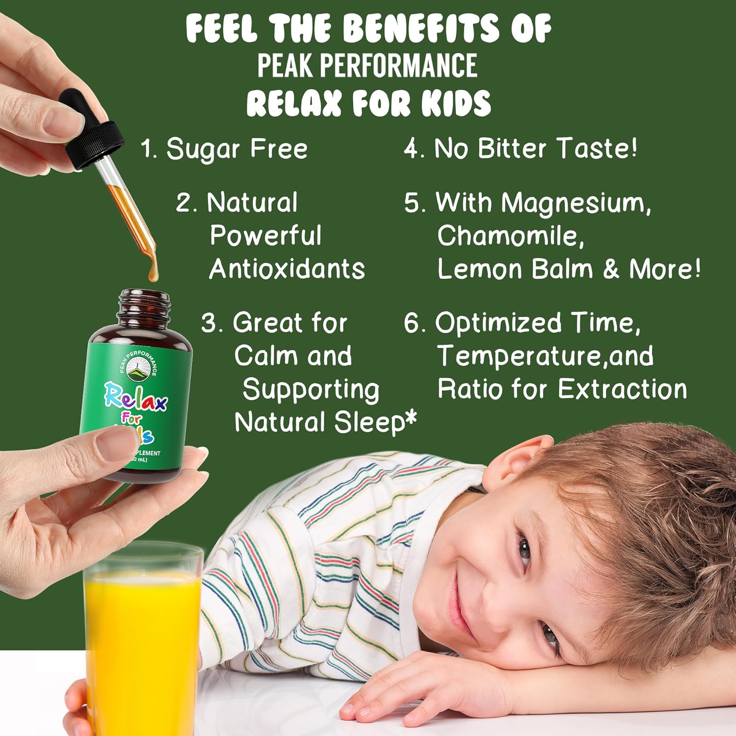 Kids Calm Liquid Drops with Chamomile & Magnesium for Relaxation & Optimal Sleep - No Bitter Taste, Sugar Free, Non-Habit Forming Vegan Supplement