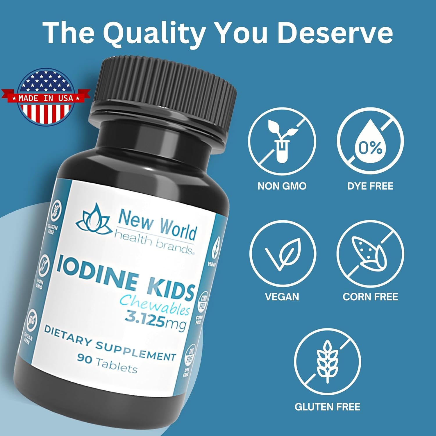 Kids Chewable Iodine Tablets 3.125mg - 90ct for Thyroid & Metabolic Health | Easy to Swallow Kids Iodine Supplement