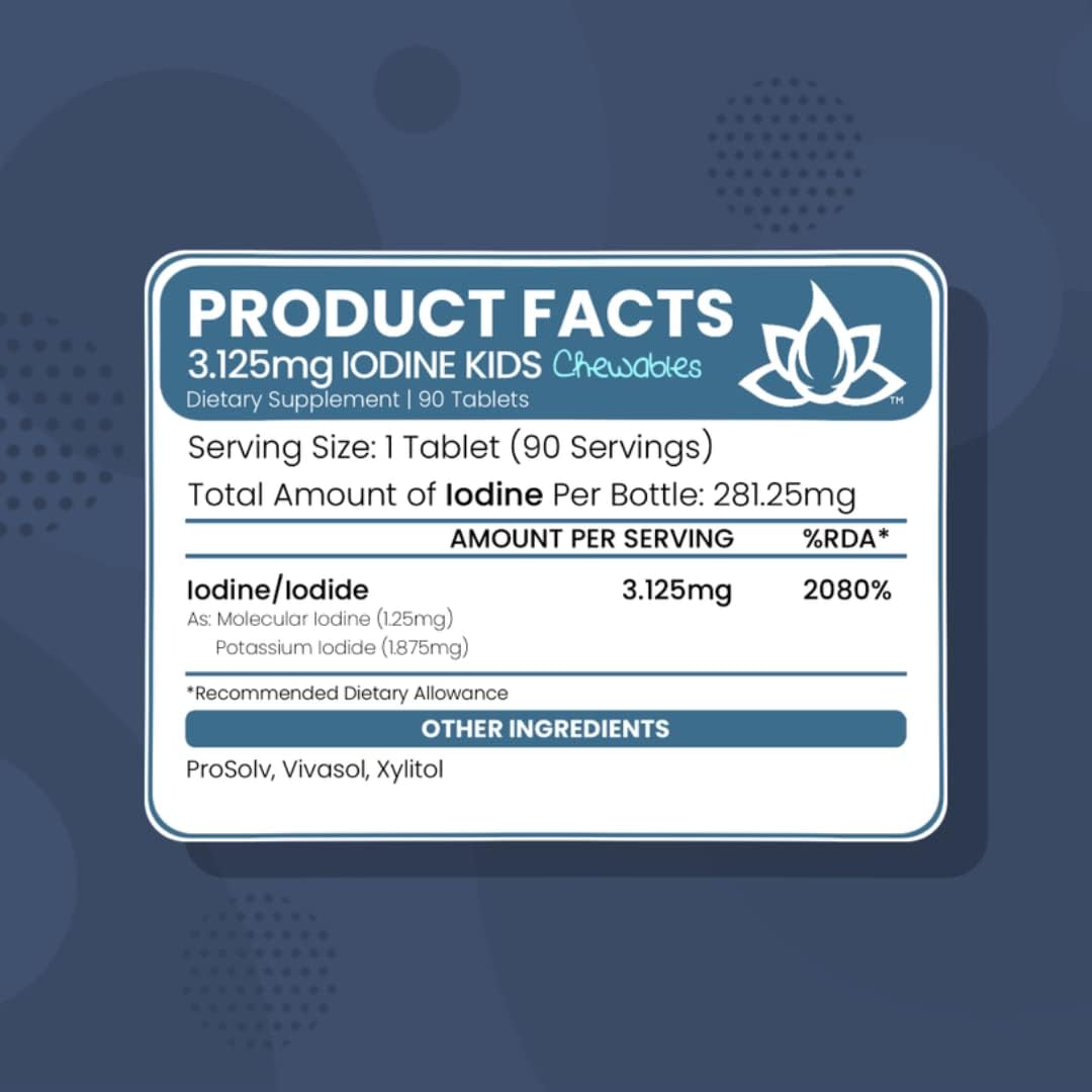 Kids Chewable Iodine Tablets 3.125mg - 90ct for Thyroid & Metabolic Health | Easy to Swallow Kids Iodine Supplement