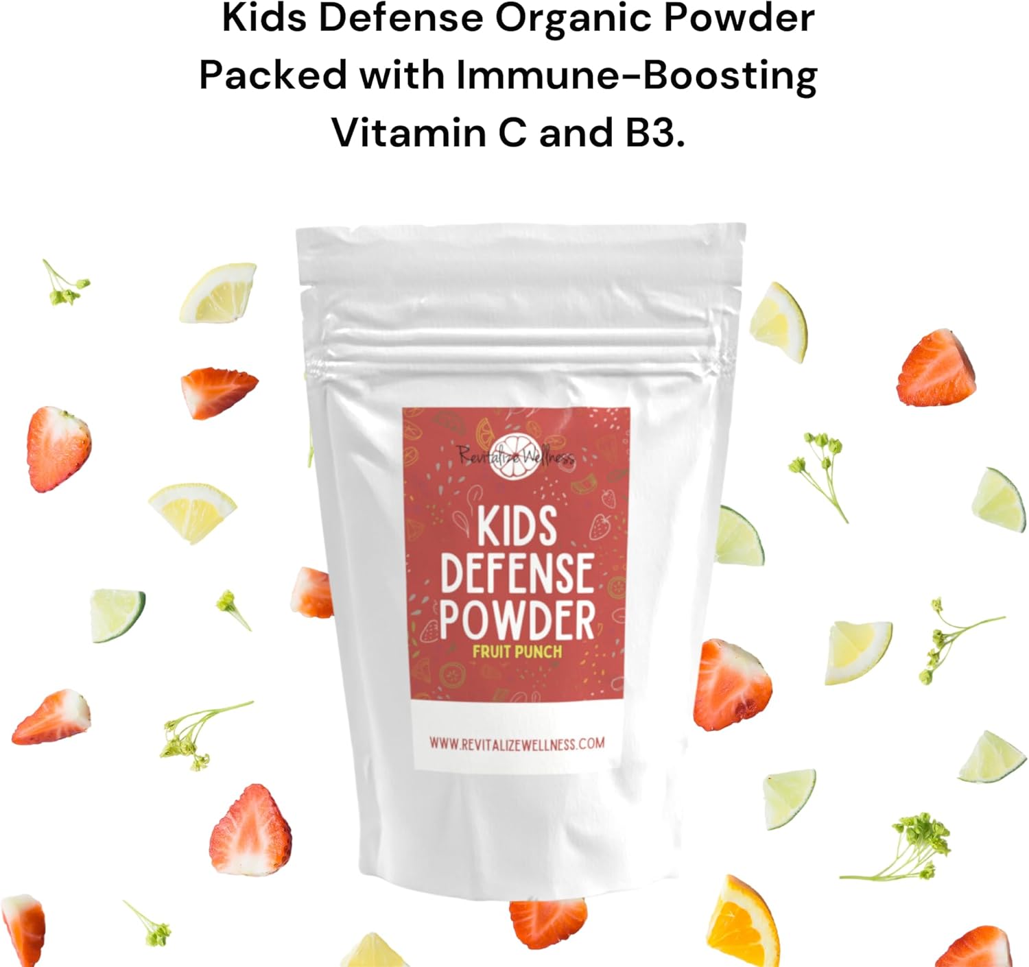 Kids Defense Immune Support Supplement | 1000mg Vitamin C & 250mg B3 | Pure & GMO-Free | Fruit Punch Flavor, 30 Servings