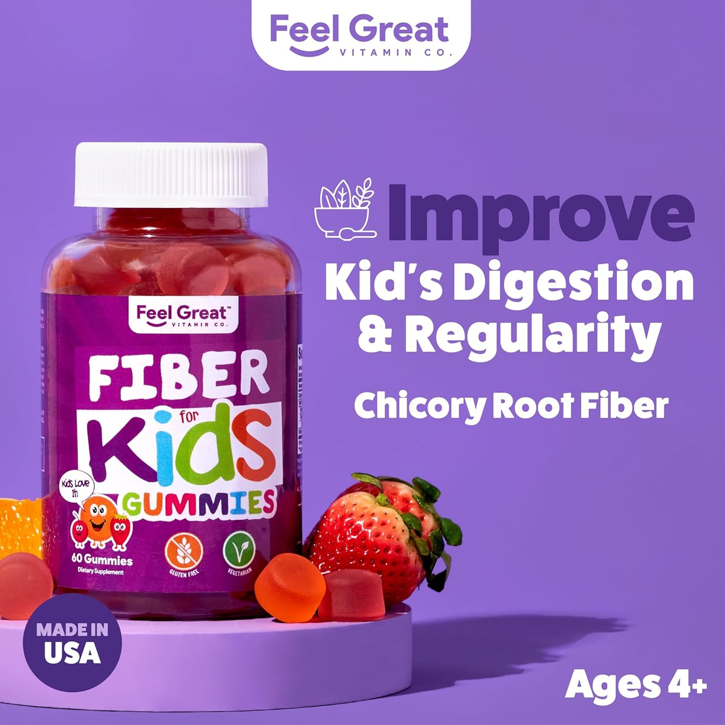 Kids Digestive Support Fiber Gummies - Fruity Flavored Chewables for Constipation Relief - Vegetarian Supplements - 60 Day Supply from Feel Great Vitamin Company