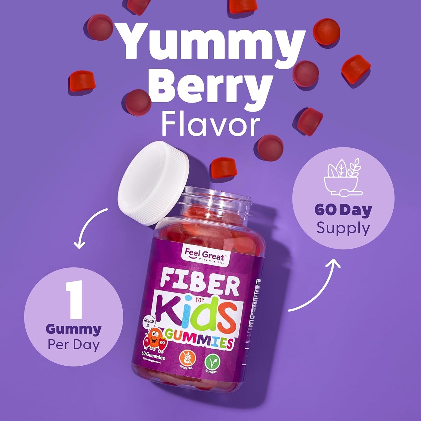 Kids Digestive Support Fiber Gummies - Fruity Flavored Chewables for Constipation Relief - Vegetarian Supplements - 60 Day Supply from Feel Great Vitamin Company