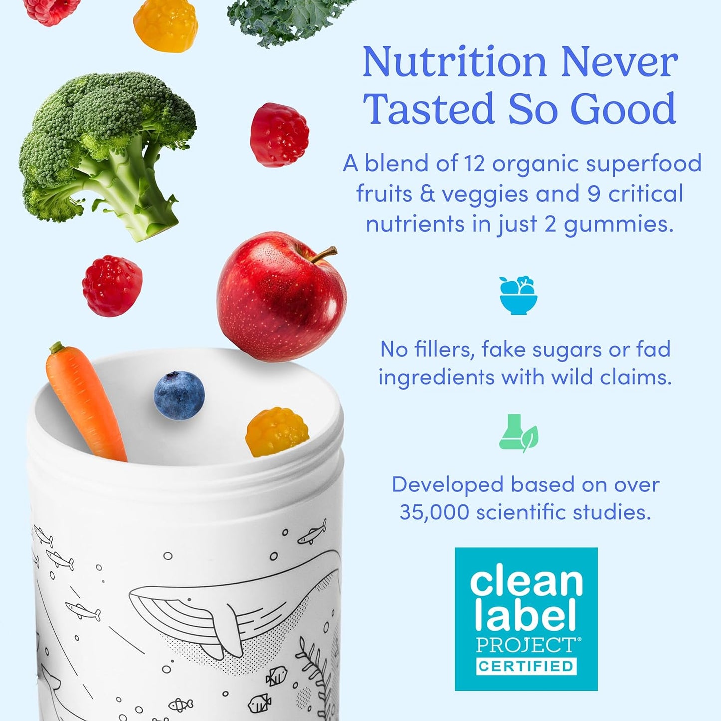 Kids Essential Multivitamin Gummies with Vitamin A, D3, B6, B12, C, K2 & More - Organic Fruits & Veggies for Growth, Brain, Immunity - Natural Strawberry & Orange Flavor - Low Sugar - 60-Day Supply