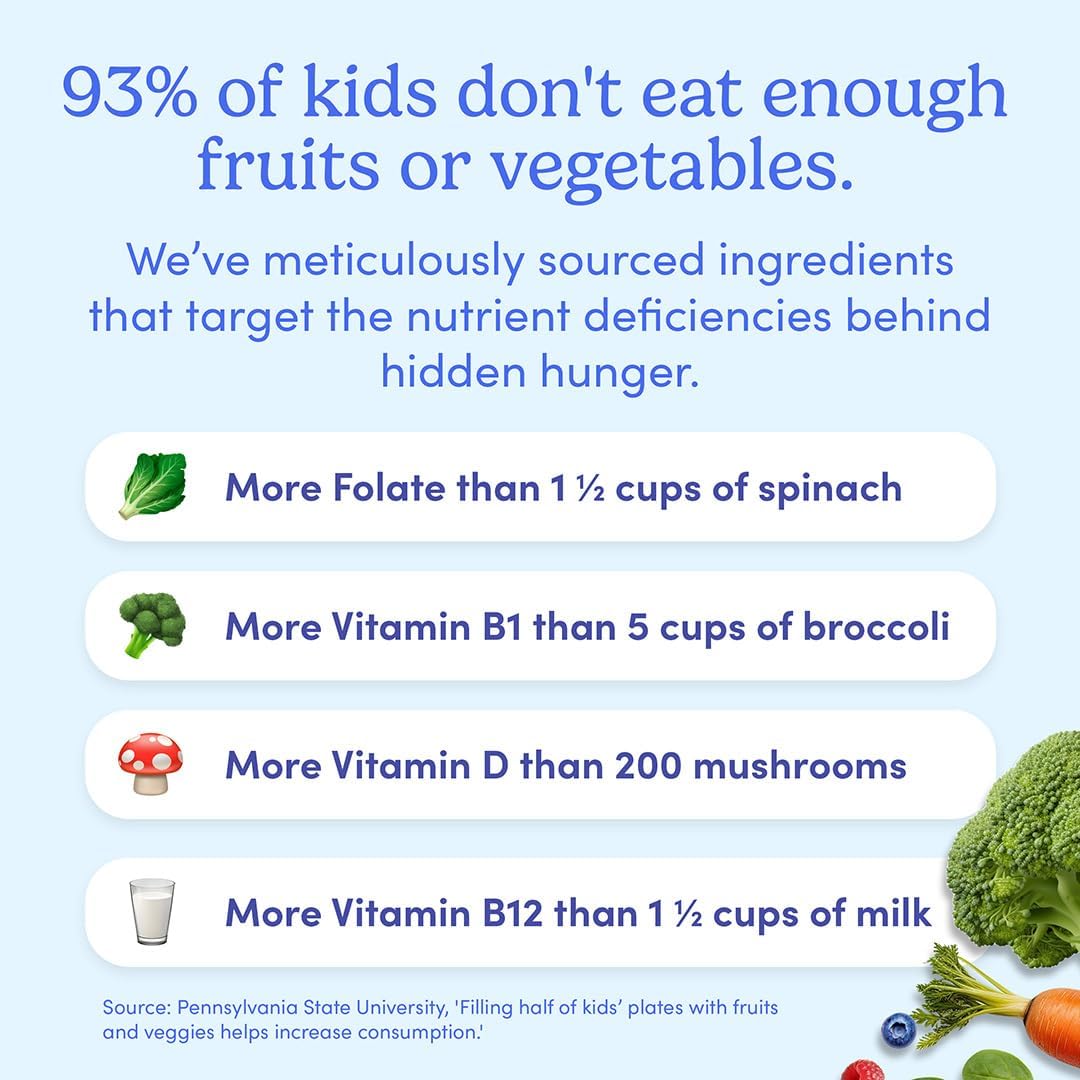 Kids Essential Multivitamin Gummies with Vitamin A, D3, B6, B12, C, K2 & More - Organic Fruits & Veggies for Growth, Brain, Immunity - Natural Strawberry & Orange Flavor - Low Sugar - 60-Day Supply