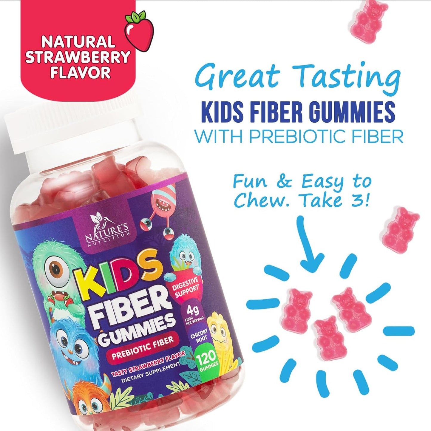 Kids Fiber Gummies Supplement with Prebiotic Fiber - Supports Digestive Health, Regularity, Immune System - Plant Based Vitamins for Children - Vegan Berry Gummies, 120 Count