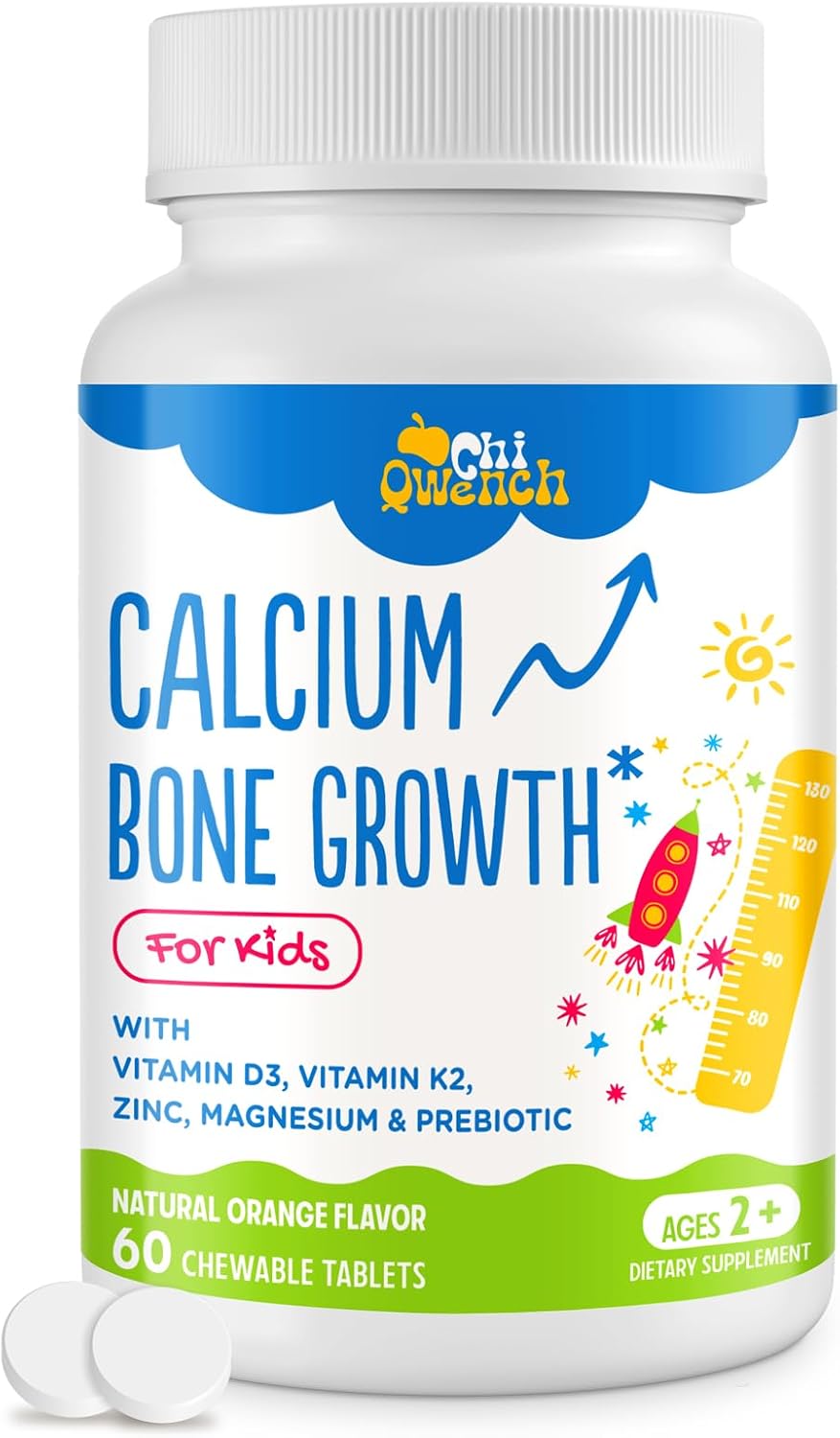 Kids' Height Boost Calcium Supplement with Vitamin D3, K2, Zinc, Magnesium & Prebiotics - High Absorption Orange Chewables for Bone Strength - Non-GMO, Gluten Free - 60 Tabs