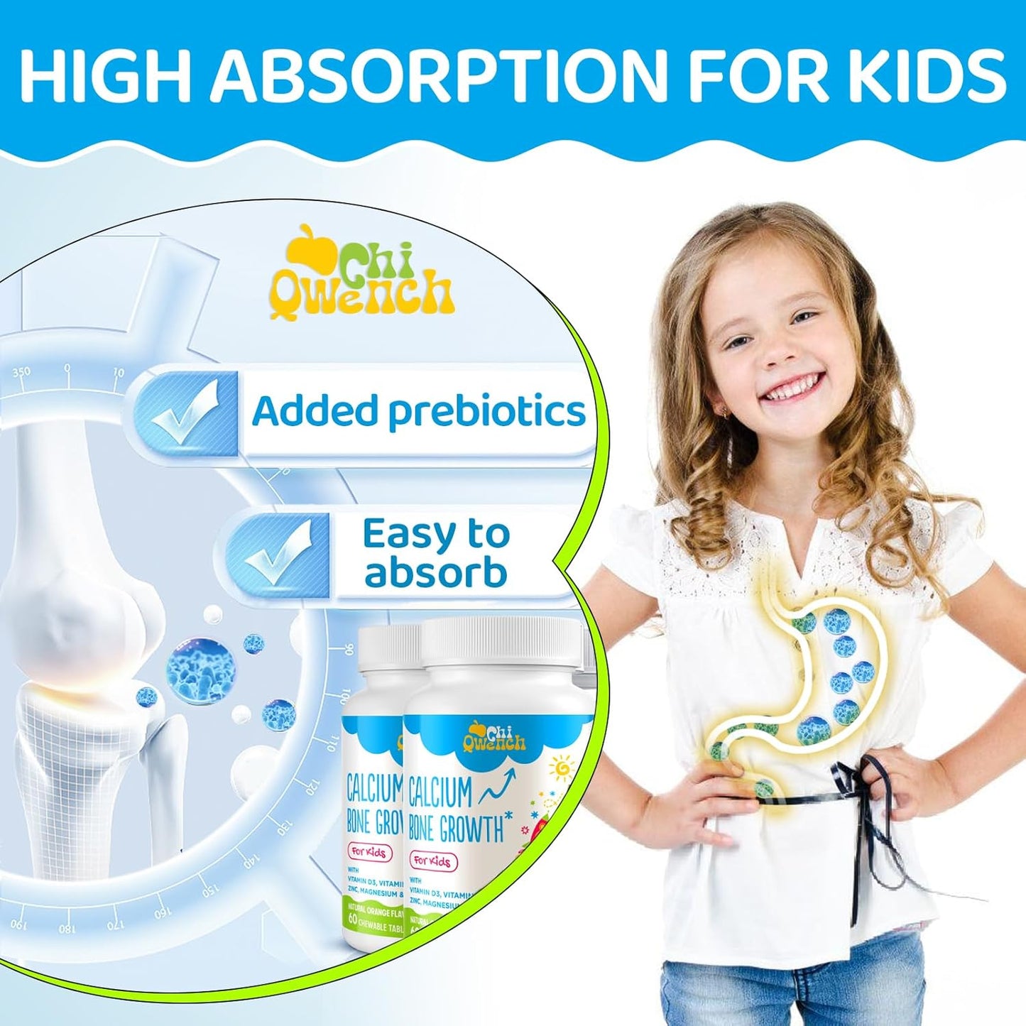 Kids' Height Boost Calcium Supplement with Vitamin D3, K2, Zinc, Magnesium & Prebiotics - High Absorption Orange Chewables for Bone Strength - Non-GMO, Gluten Free - 60 Tabs