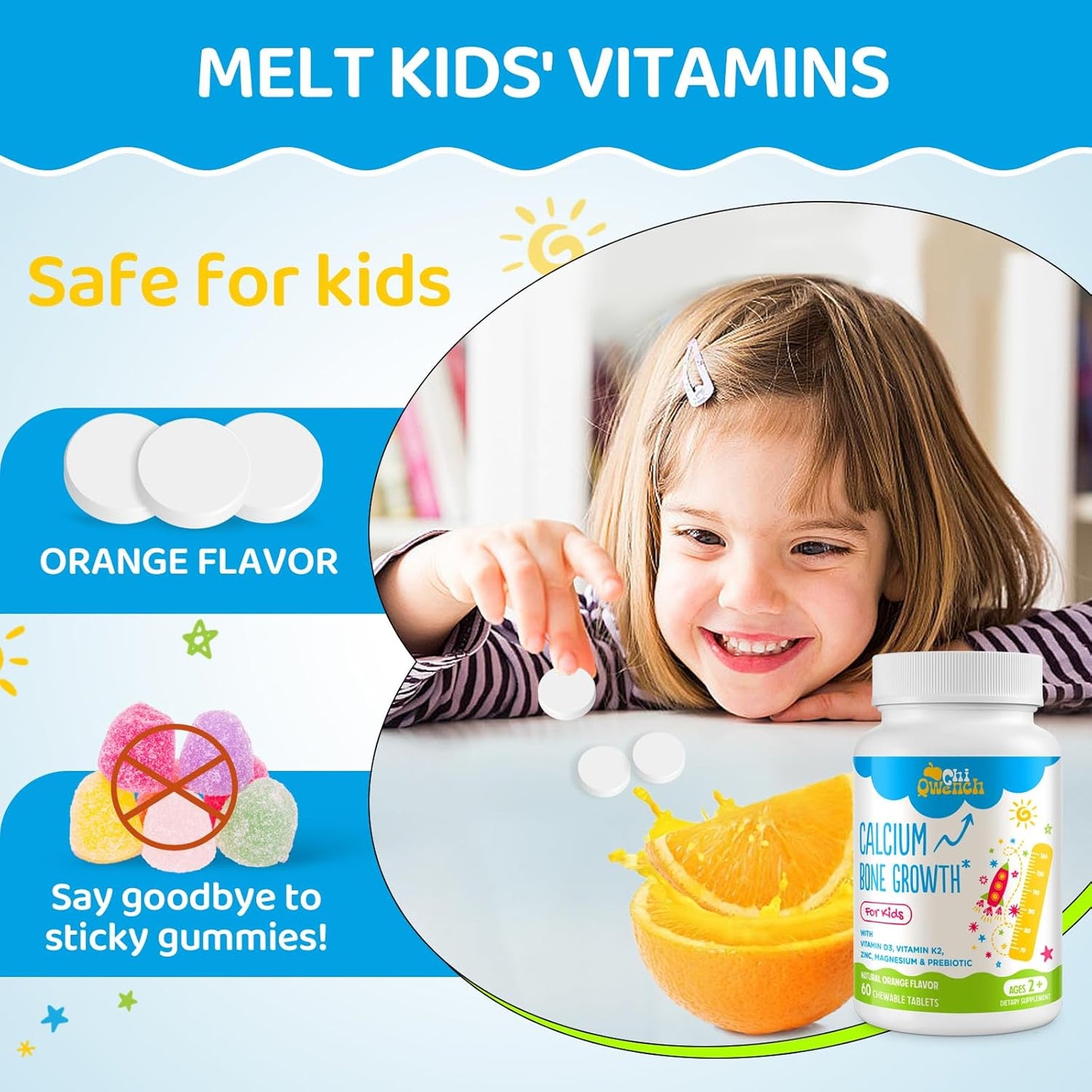 Kids' Height Boost Calcium Supplement with Vitamin D3, K2, Zinc, Magnesium & Prebiotics - High Absorption Orange Chewables for Bone Strength - Non-GMO, Gluten Free - 60 Tabs