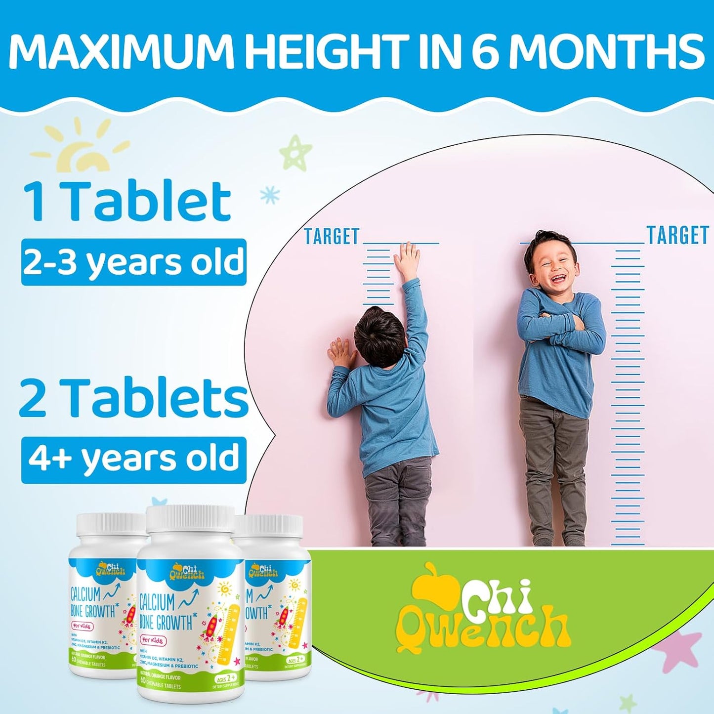 Kids' Height Boost Calcium Supplement with Vitamin D3, K2, Zinc, Magnesium & Prebiotics - High Absorption Orange Chewables for Bone Strength - Non-GMO, Gluten Free - 60 Tabs
