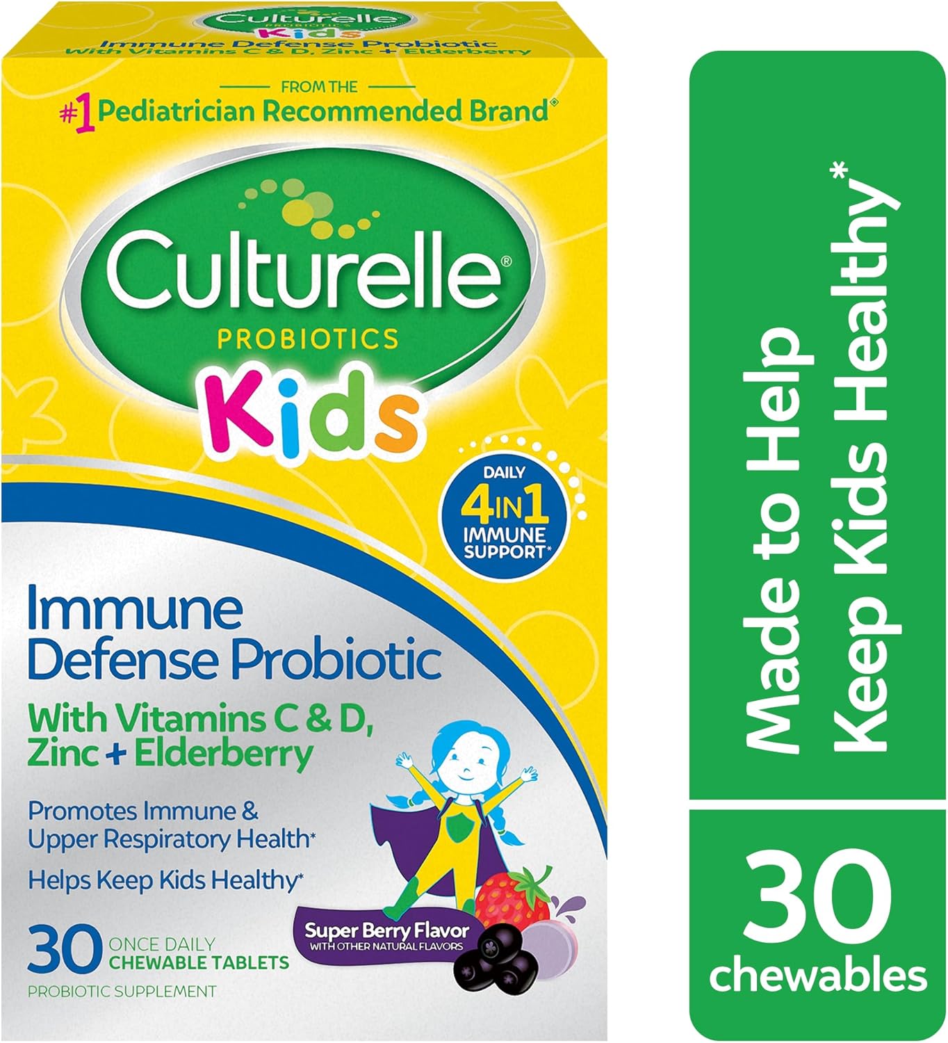 Kids Immune Defense Probiotic with Vitamin C, D, Zinc + Elderberry Chewables - Non-GMO, 4-in-1 Support, 30 Count