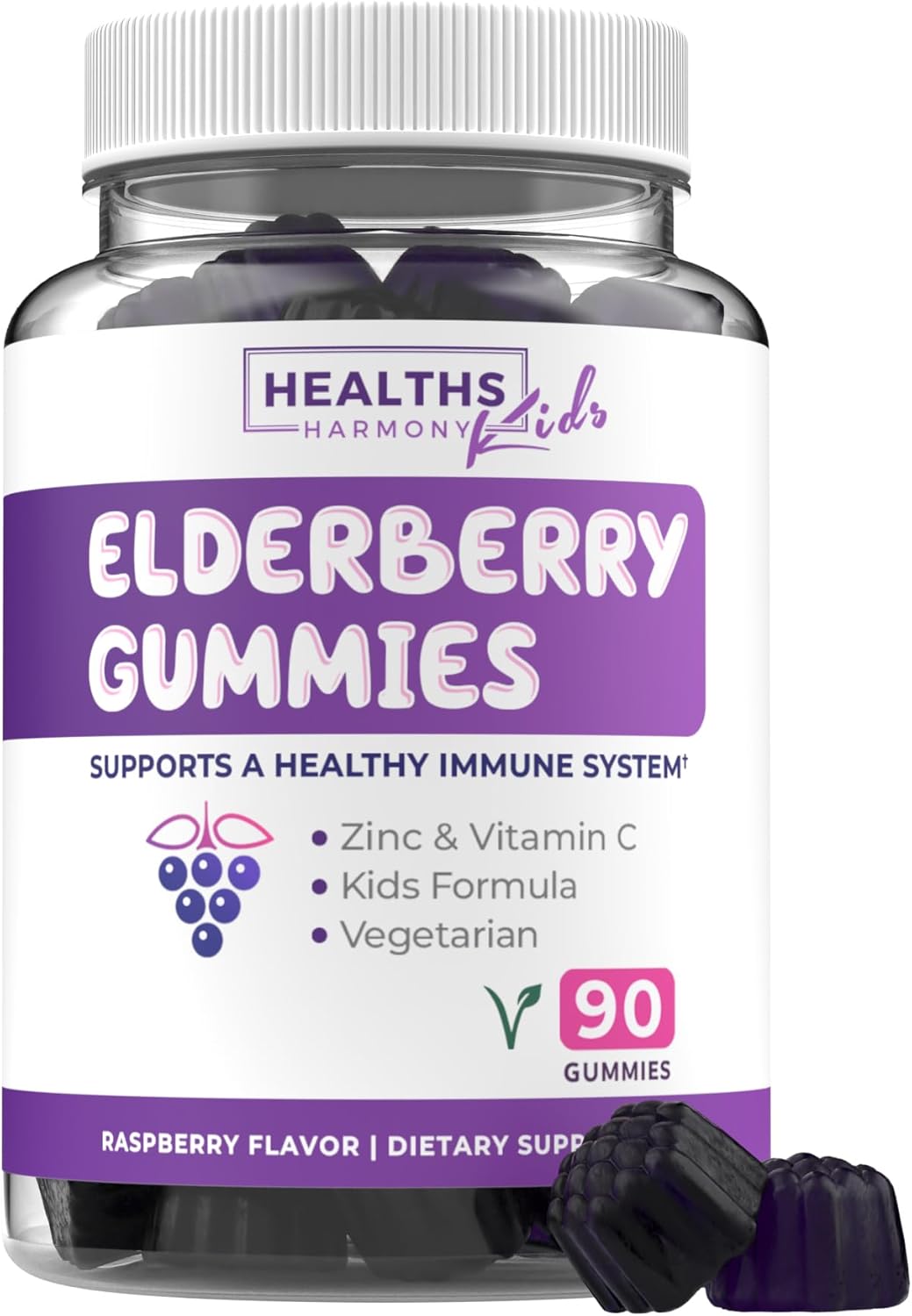 Kids Immune Support: Elderberry Gummies with Vitamin C & Zinc - 90 Raspberry Flavored Gummies - Vegetarian Sambucus Gummies for Children - 3 Months Supply