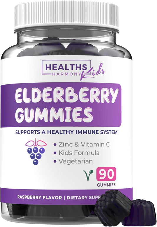 Kids Immune Support: Elderberry Gummies with Vitamin C & Zinc - 90 Raspberry Flavored Gummies - Vegetarian Sambucus Gummies for Children - 3 Months Supply