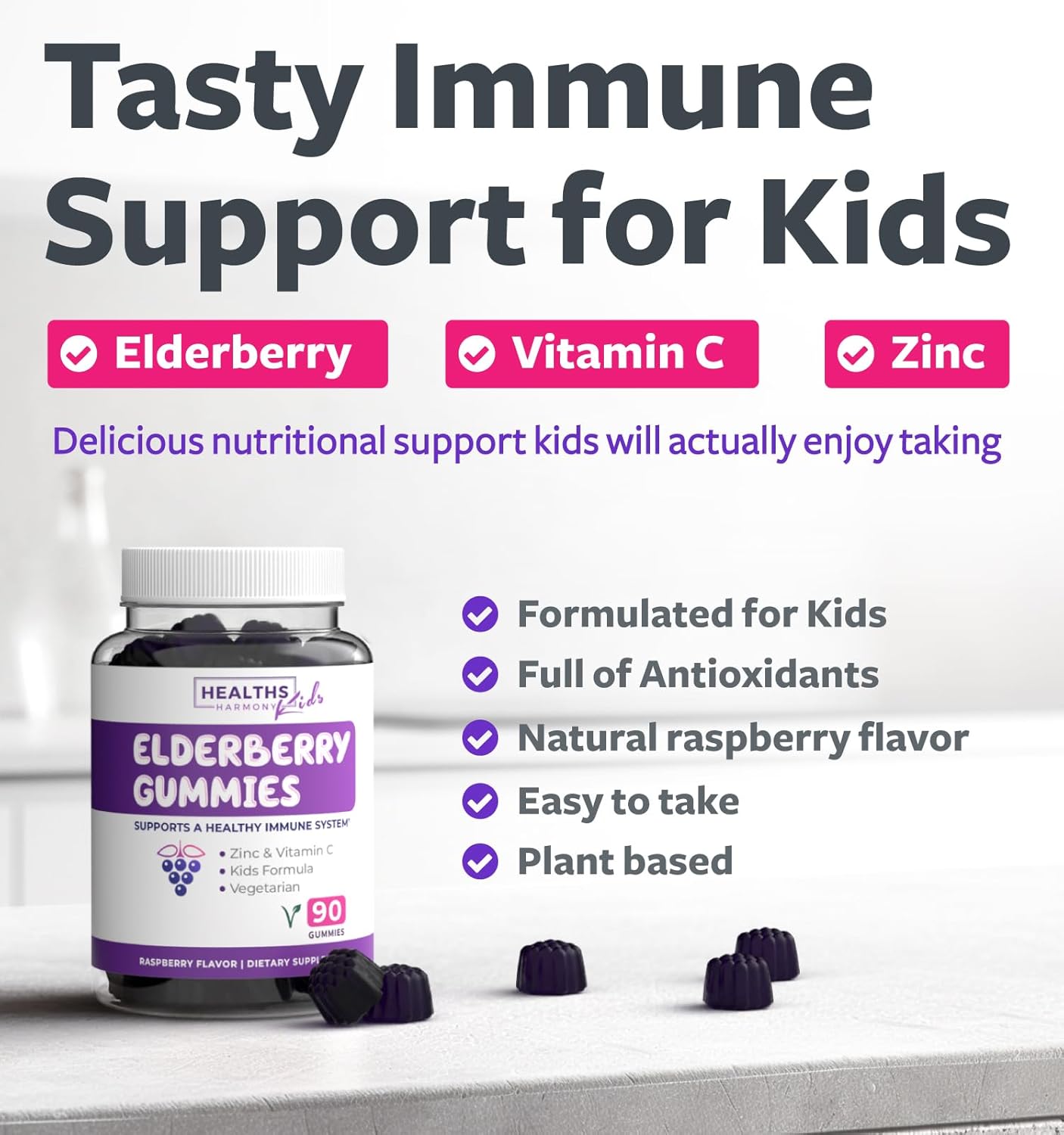 Kids Immune Support: Elderberry Gummies with Vitamin C & Zinc - 90 Raspberry Flavored Gummies - Vegetarian Sambucus Gummies for Children - 3 Months Supply
