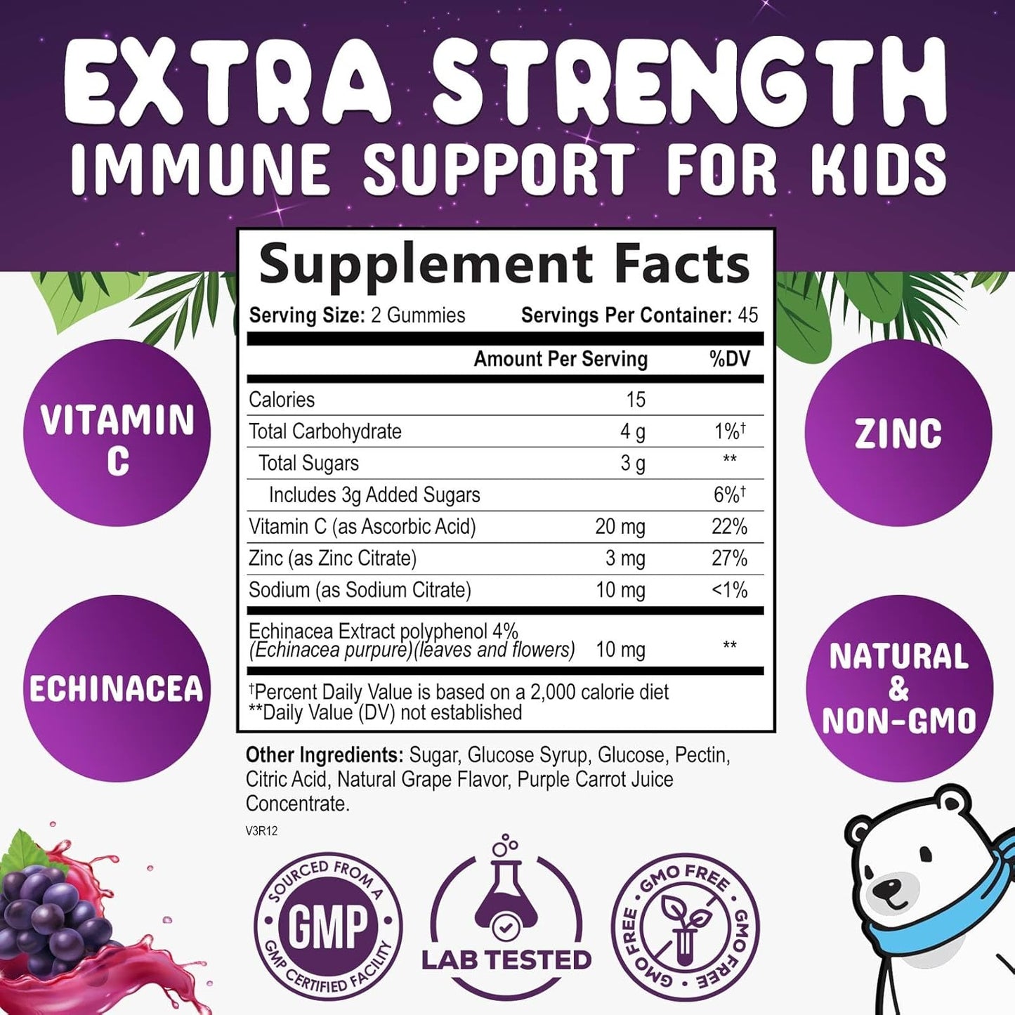Kids Immune Support Gummies - Vitamin C, Zinc, Echinacea - Vegan & Non-GMO - Natural Berry Flavor - 90 Count