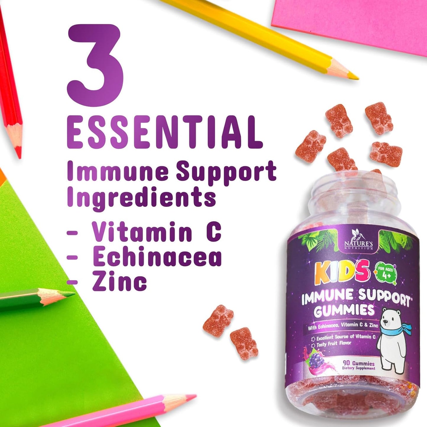 Kids Immune Support Gummies - Vitamin C, Zinc, Echinacea - Vegan & Non-GMO - Natural Berry Flavor - 90 Count