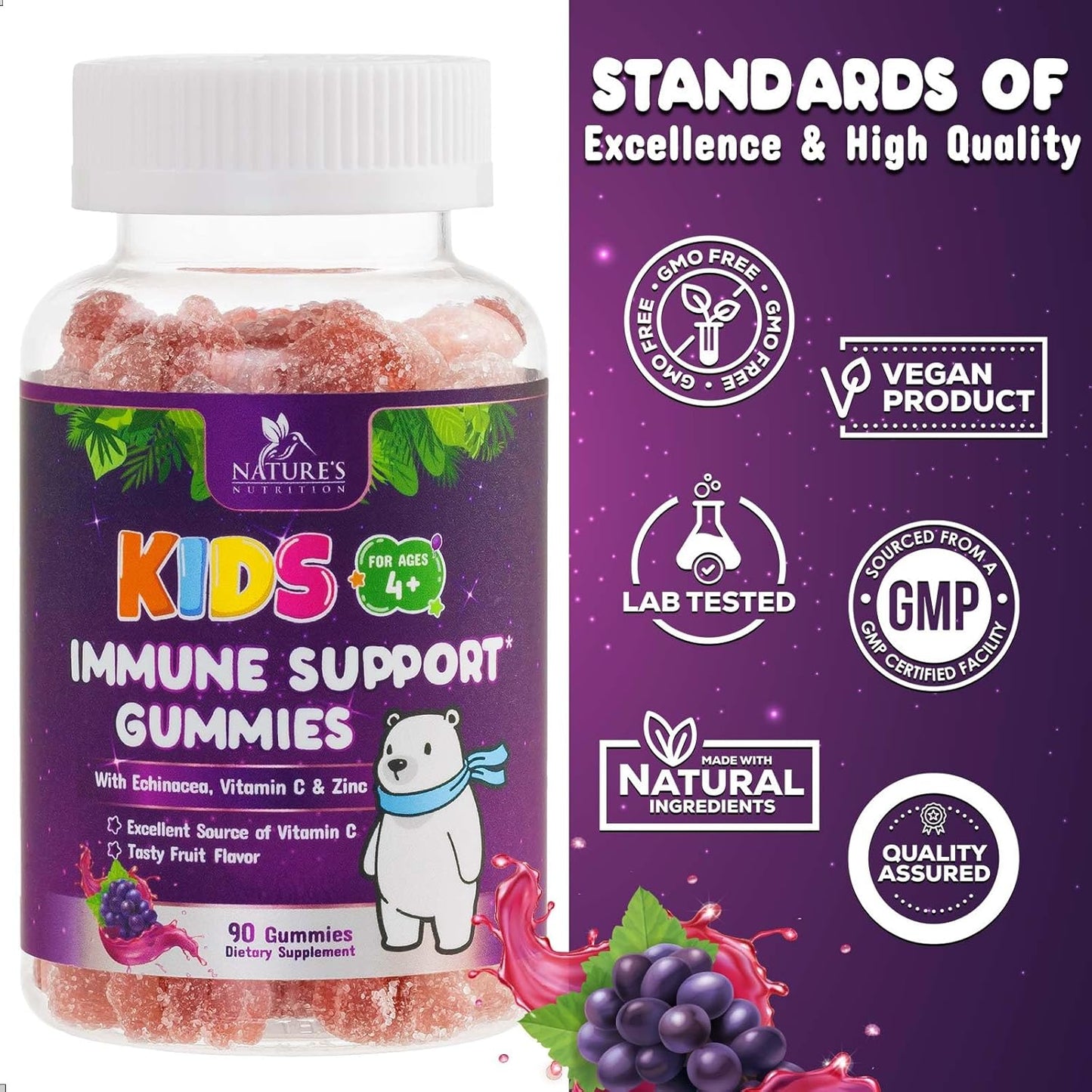 Kids Immune Support Gummies - Vitamin C, Zinc, Echinacea - Vegan & Non-GMO - Natural Berry Flavor - 90 Count