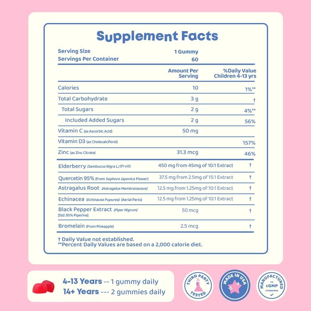 Kids Immune Support Gummies with Quercetin, Bromelain, Elderberry, Vitamin C, and Zinc - 60 Count