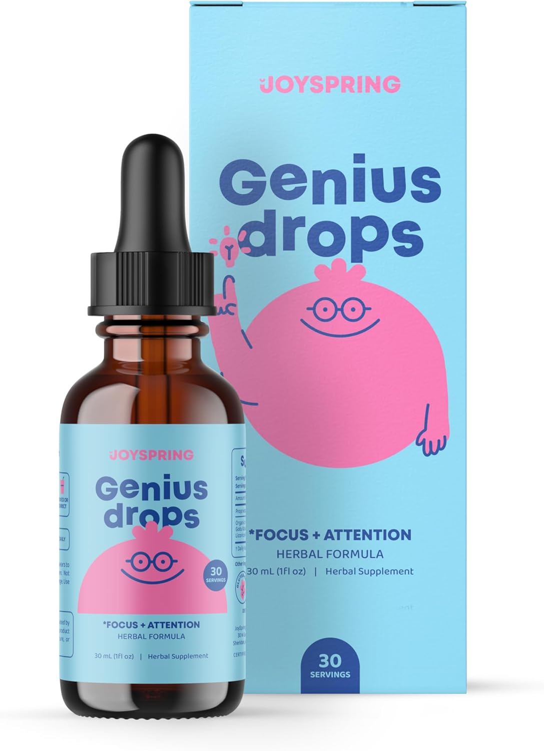 Kid's Liquid Herbal Focus Supplement with Ginkgo Biloba | JoySpring Genius Drops | Clinically Proven (1 fl oz)