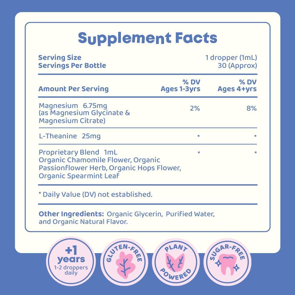 Kids Magnesium Citrate & Glycinate Liquid with L-Theanine & Chamomile - 30 Servings of Sugar-Free Supplement to Support Children & Teens