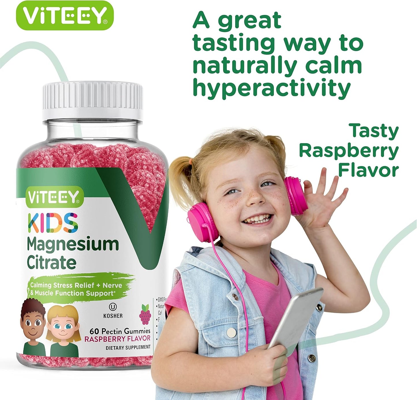 Kids Magnesium Citrate Gummies - Promotes Sleep Aid, Calmness, Muscle Relaxation - Vegetarian, Gelatin-Free, Gluten-Free, GMO-Free - Raspberry Flavored Chewable Gummy
