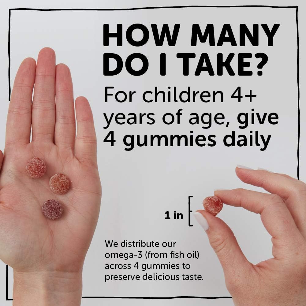Kids Multivitamin Gummies with Omega 3 Fish Oil, Vitamin D3, C, B12, B6, A, K & Zinc - Immune Support, Grape, Cherry & Berry Flavors - 90 Count