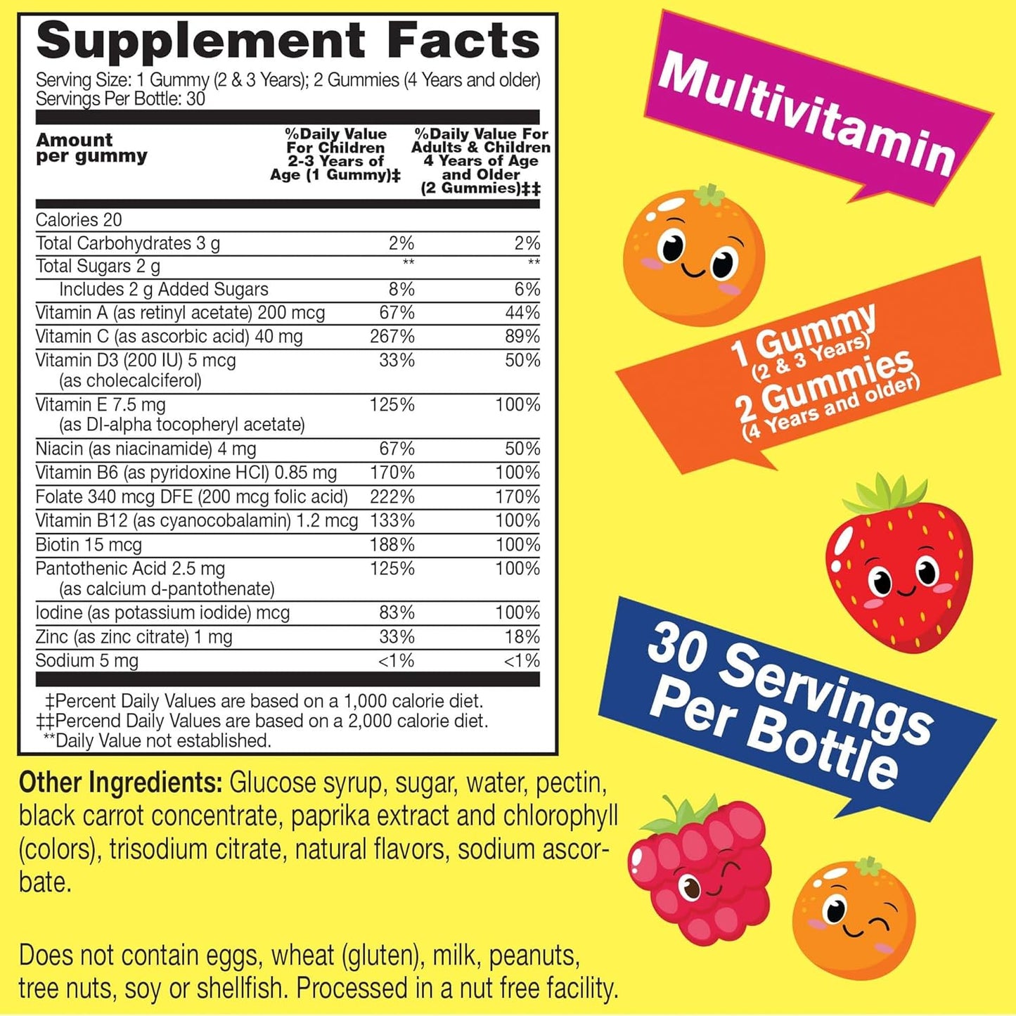 Kids Multivitamin Gummies with Vitamin C, D3, E, A, B6, B12, Biotin, Zinc, Folic Acid, Iodine, Niacin | Immune & Energy Support | Orange & Berry | 60 Count