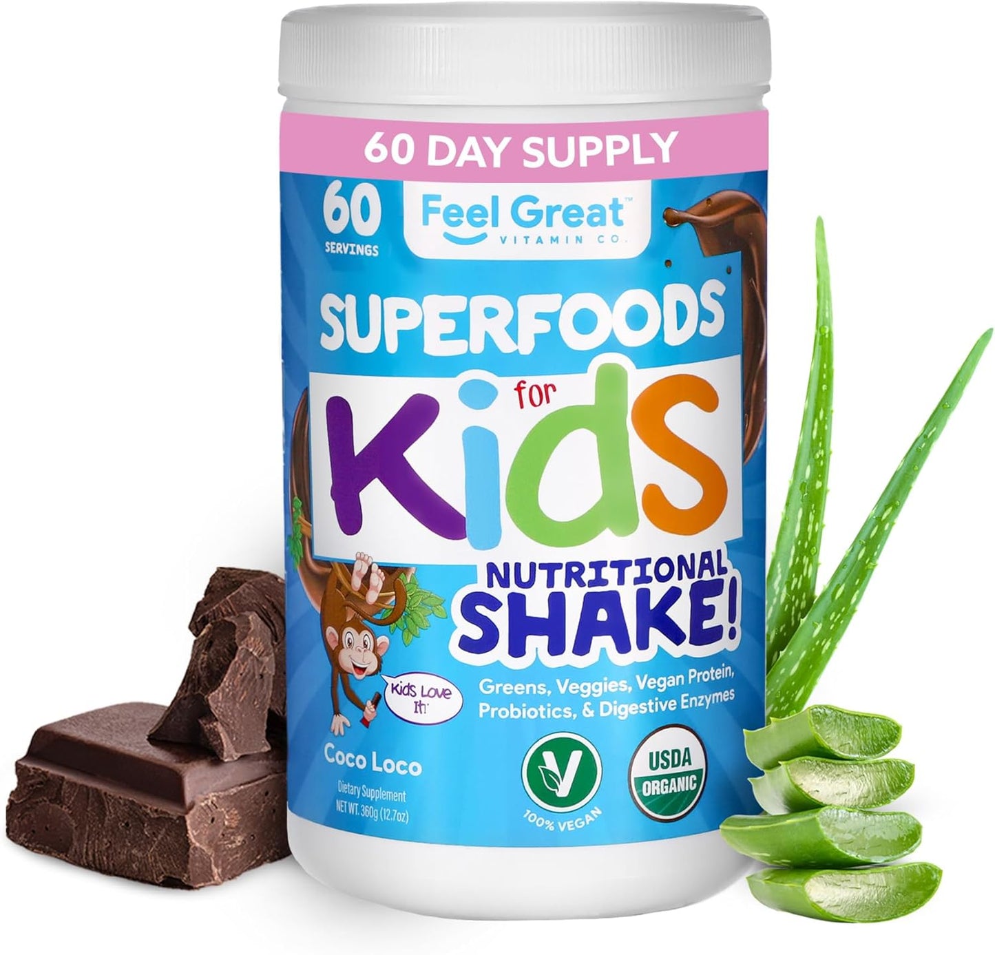 Kids Organic Super Greens Powder with Fruits & Veggies - All-In-One Real Plant Multivitamin for Children - No Synthetic Ingredients, No Fillers, No Added Sugar - The Feel Great Vitamin Company