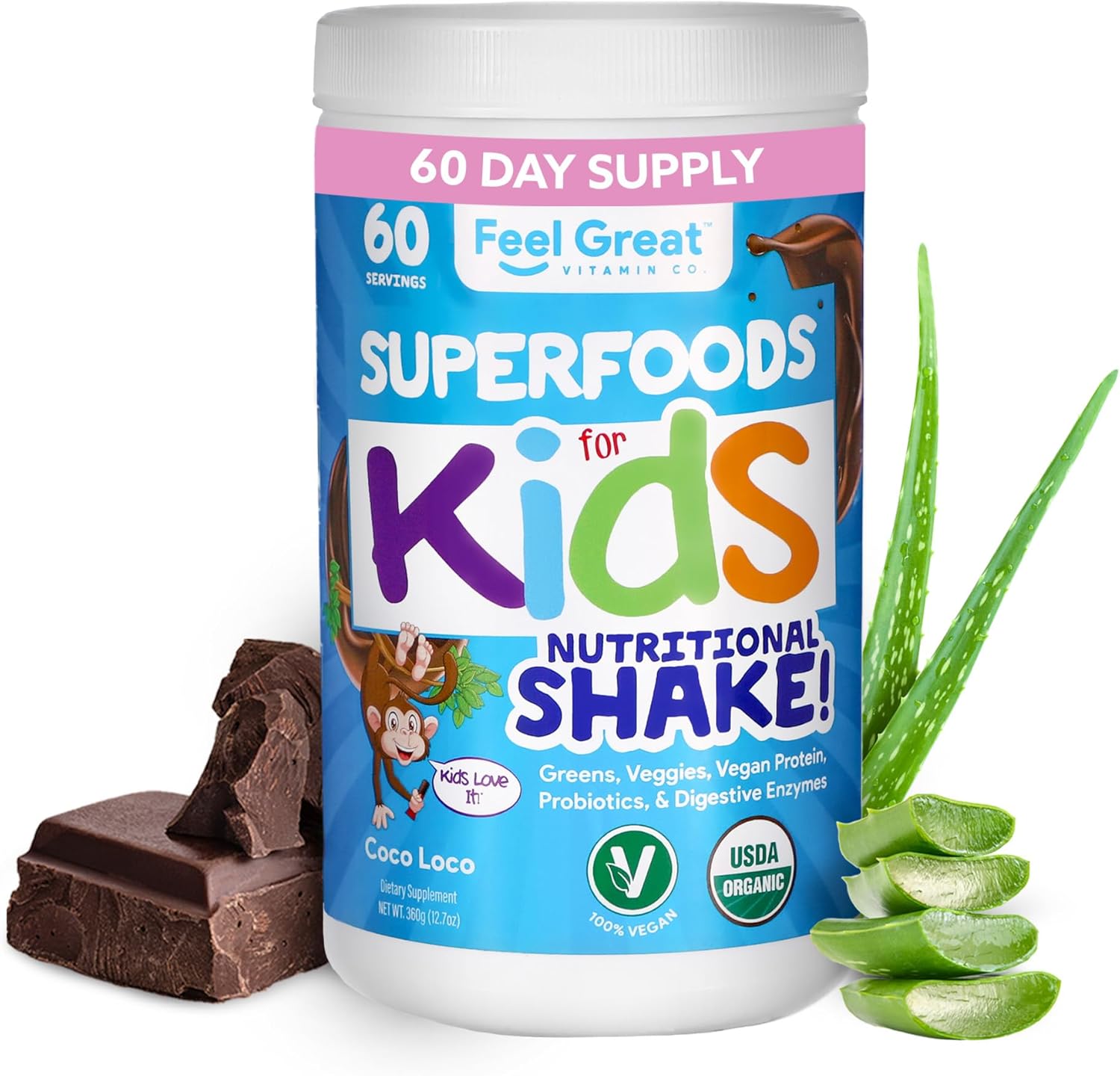 Kids Organic Super Greens Powder with Fruits & Veggies - All-In-One Real Plant Multivitamin for Children - No Synthetic Ingredients, No Fillers, No Added Sugar - The Feel Great Vitamin Company