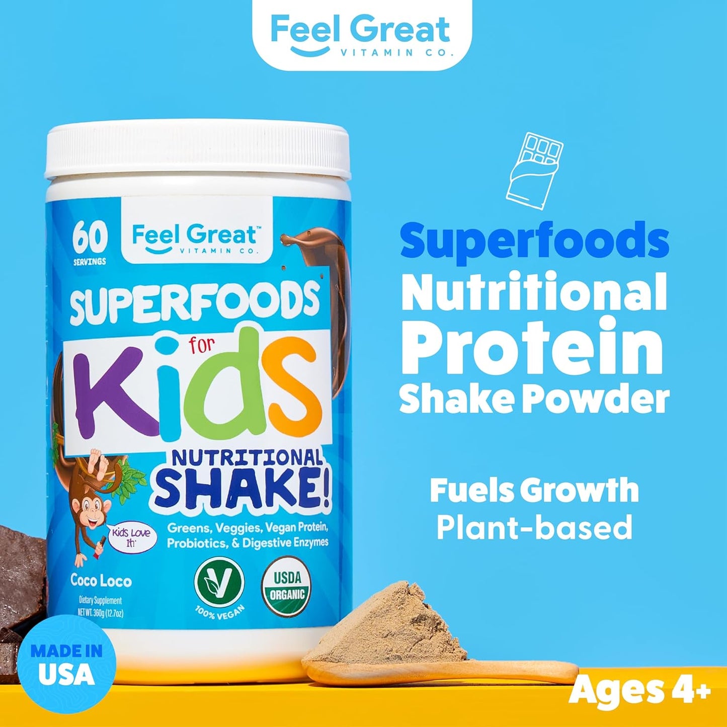 Kids Organic Super Greens Powder with Fruits & Veggies - All-In-One Real Plant Multivitamin for Children - No Synthetic Ingredients, No Fillers, No Added Sugar - The Feel Great Vitamin Company