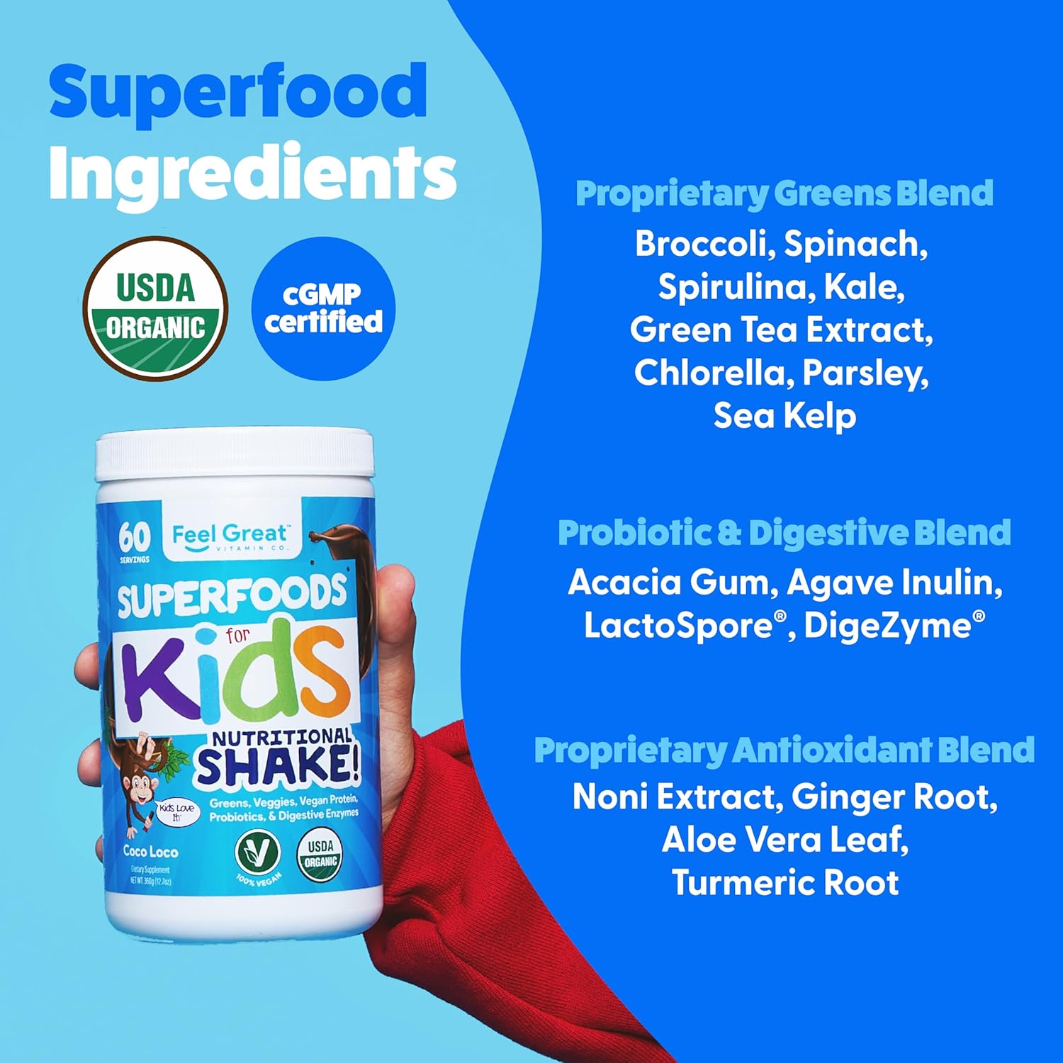 Kids Organic Super Greens Powder with Fruits & Veggies - All-In-One Real Plant Multivitamin for Children - No Synthetic Ingredients, No Fillers, No Added Sugar - The Feel Great Vitamin Company