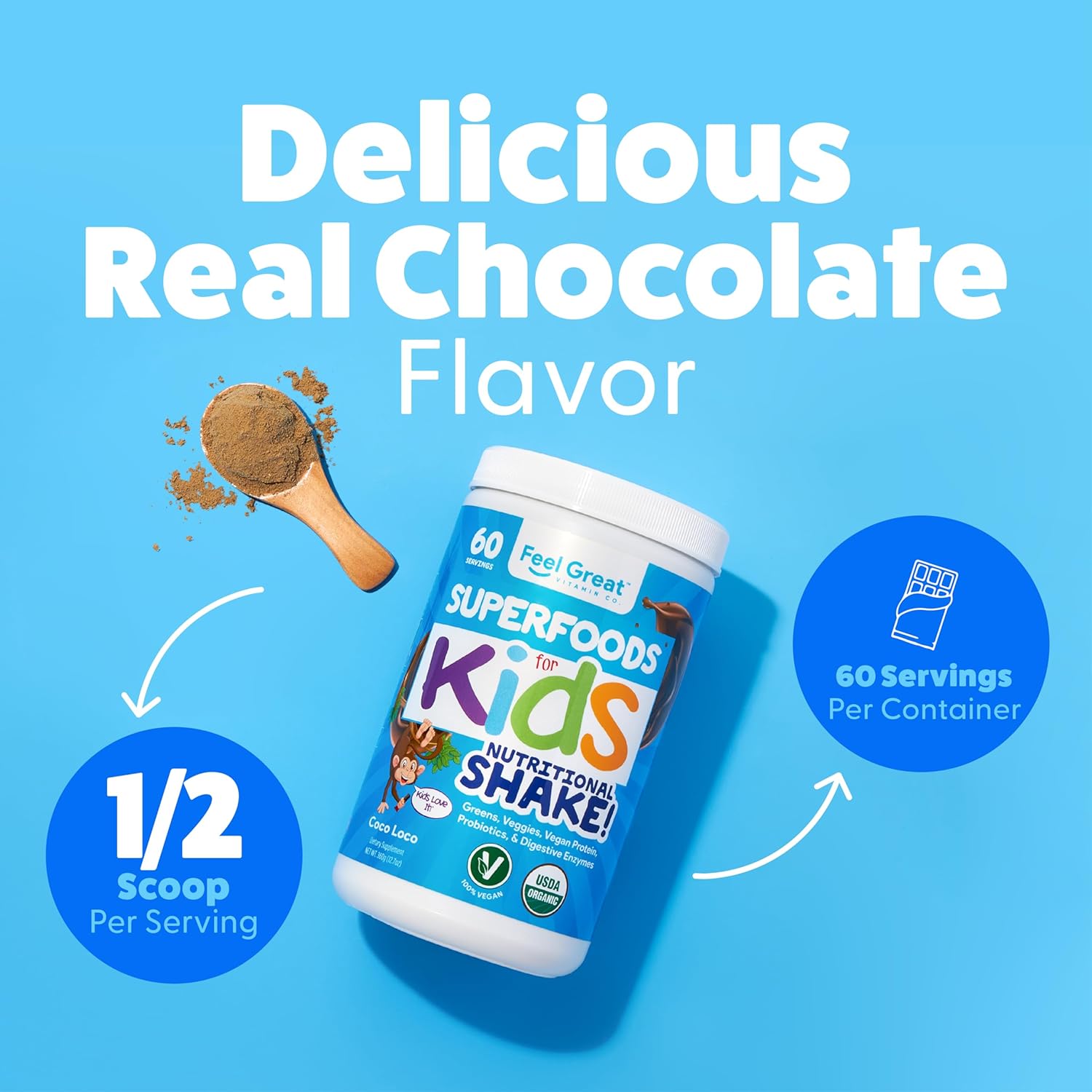 Kids Organic Super Greens Powder with Fruits & Veggies - All-In-One Real Plant Multivitamin for Children - No Synthetic Ingredients, No Fillers, No Added Sugar - The Feel Great Vitamin Company