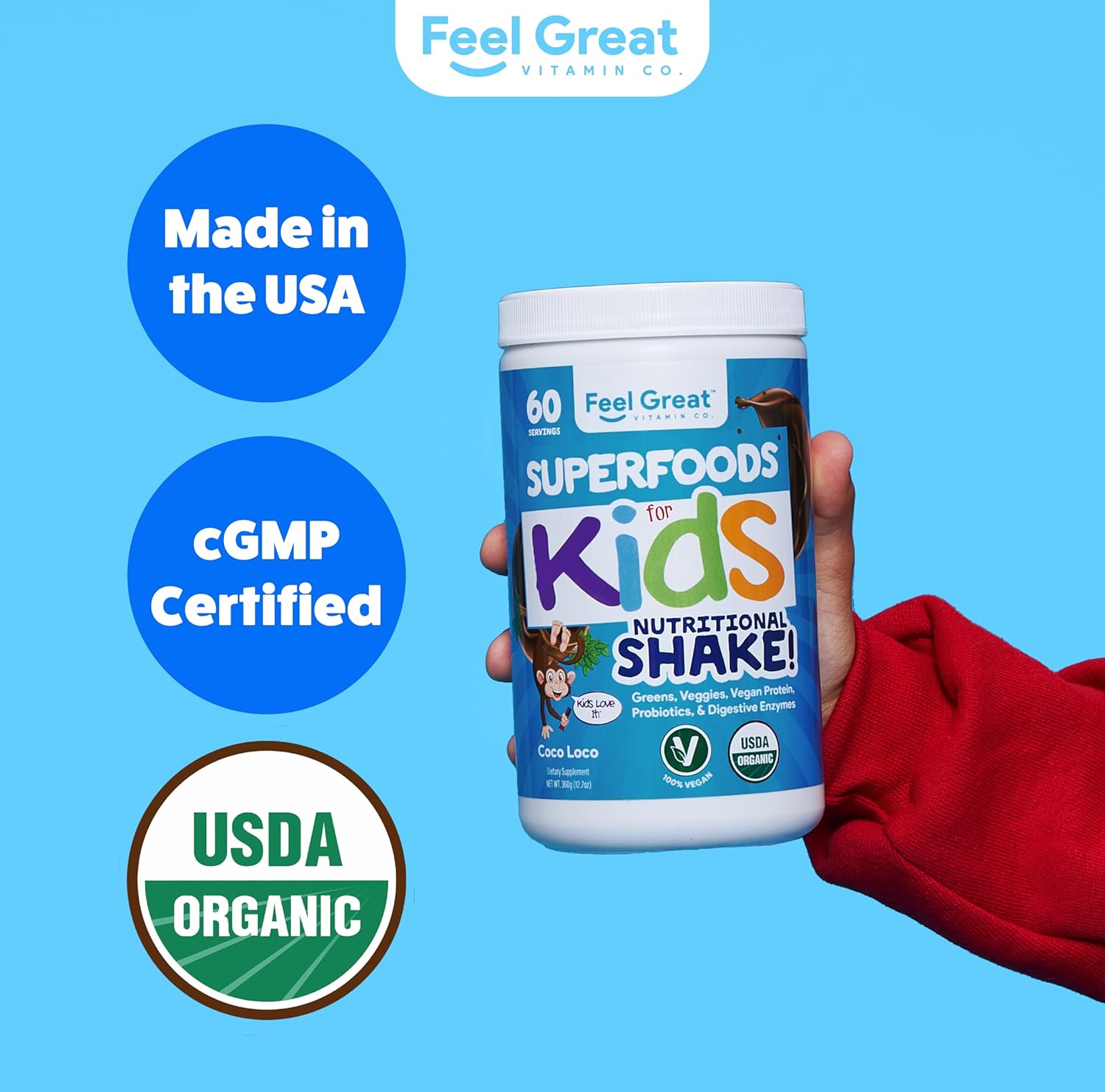 Kids Organic Super Greens Powder with Fruits & Veggies - All-In-One Real Plant Multivitamin for Children - No Synthetic Ingredients, No Fillers, No Added Sugar - The Feel Great Vitamin Company