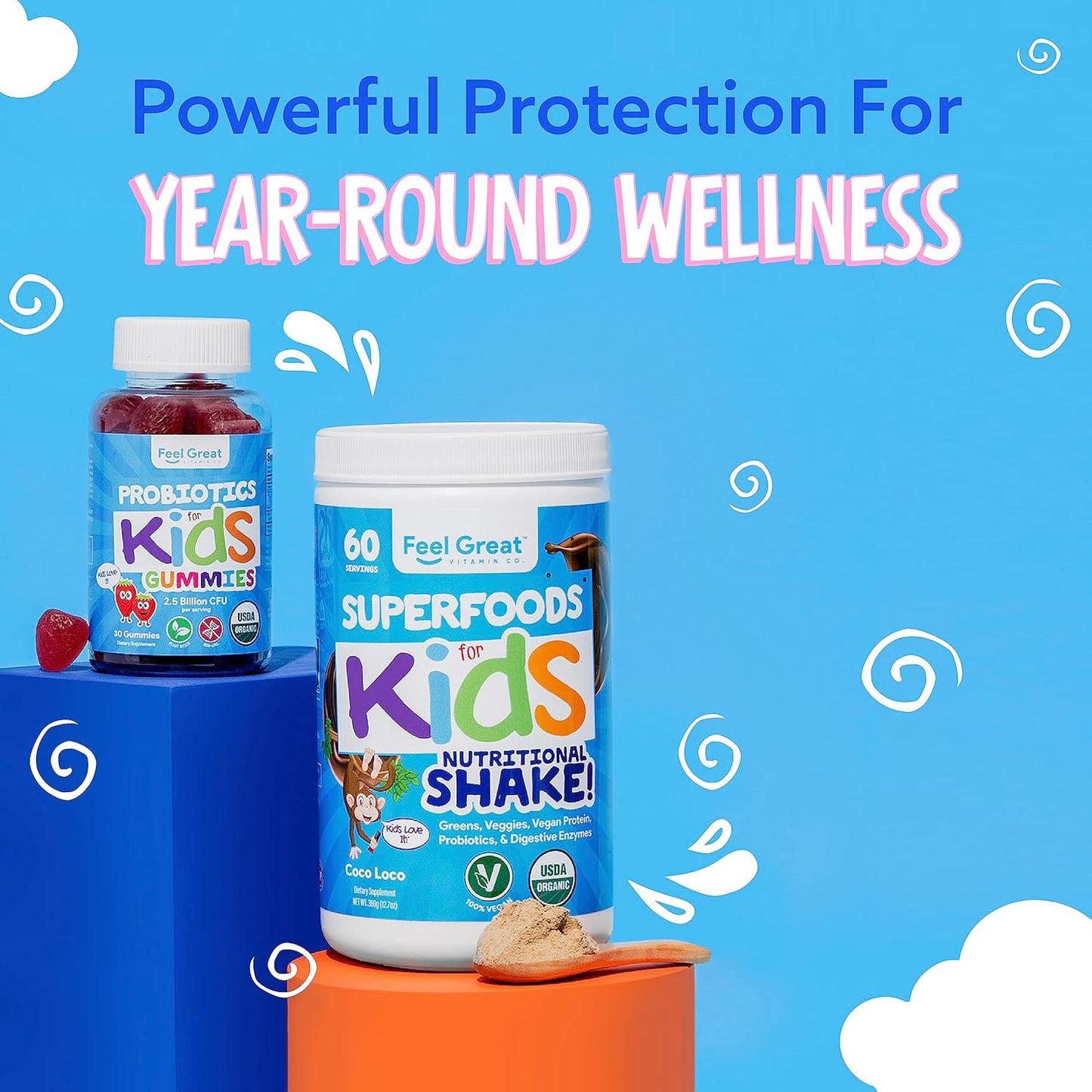 Kids Organic Super Greens Powder with Fruits & Veggies - All-In-One Real Plant Multivitamin for Children - No Synthetic Ingredients, No Fillers, No Added Sugar - The Feel Great Vitamin Company
