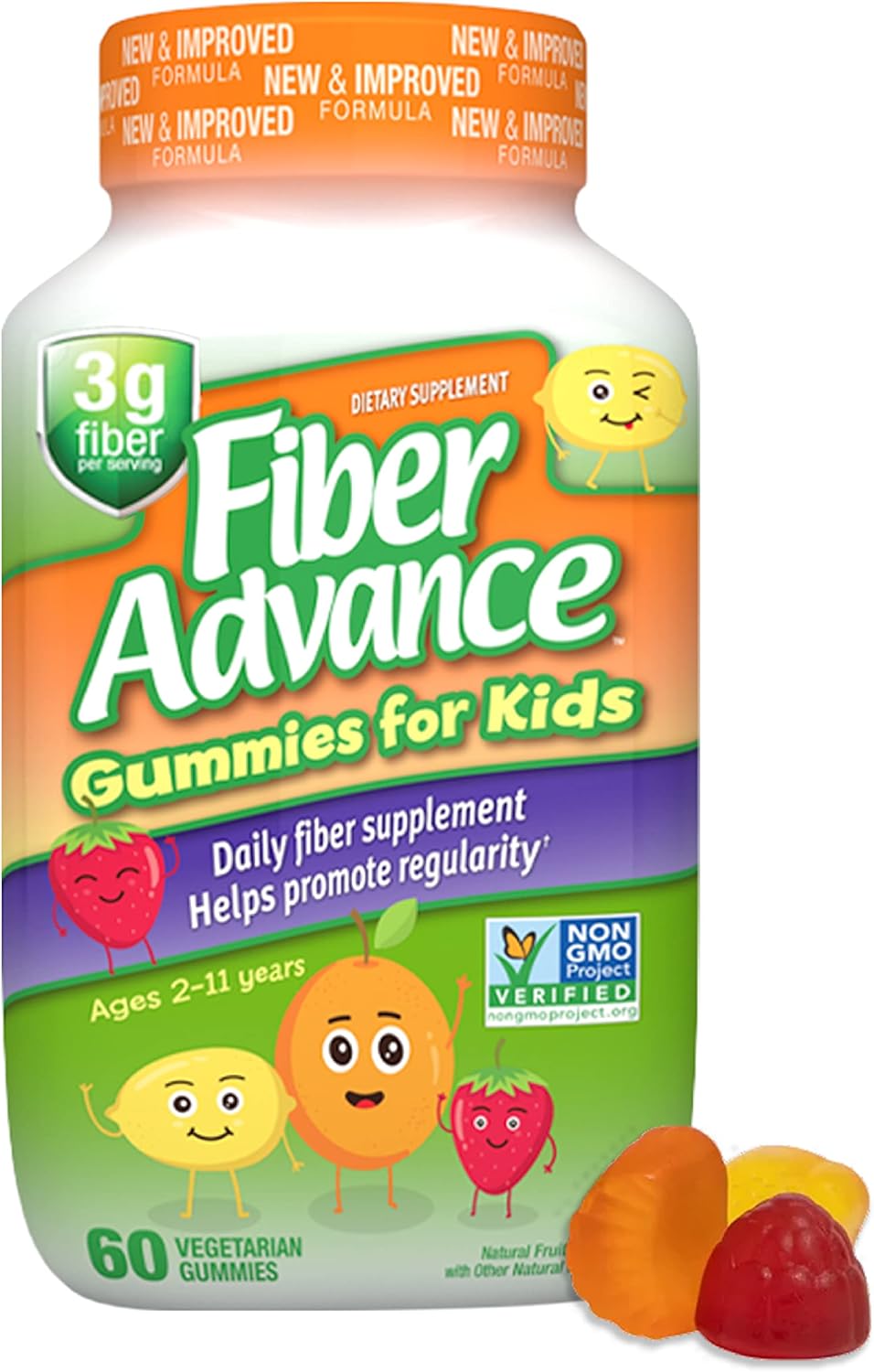 Kids Prebiotic Fiber Gummies - Plant Based Digestive Health Supplements with Vitamins - Gluten Free & Non-GMO - 60 Count