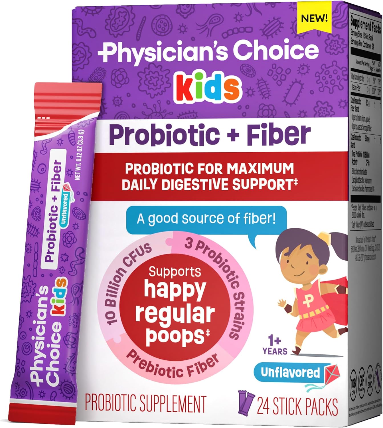 Kids Probiotic and Prebiotic Fiber Packets for Digestive Health - Physician's Choice - Ages 1+, Supports Regularity and Constipation - Unflavored - 24 Packets