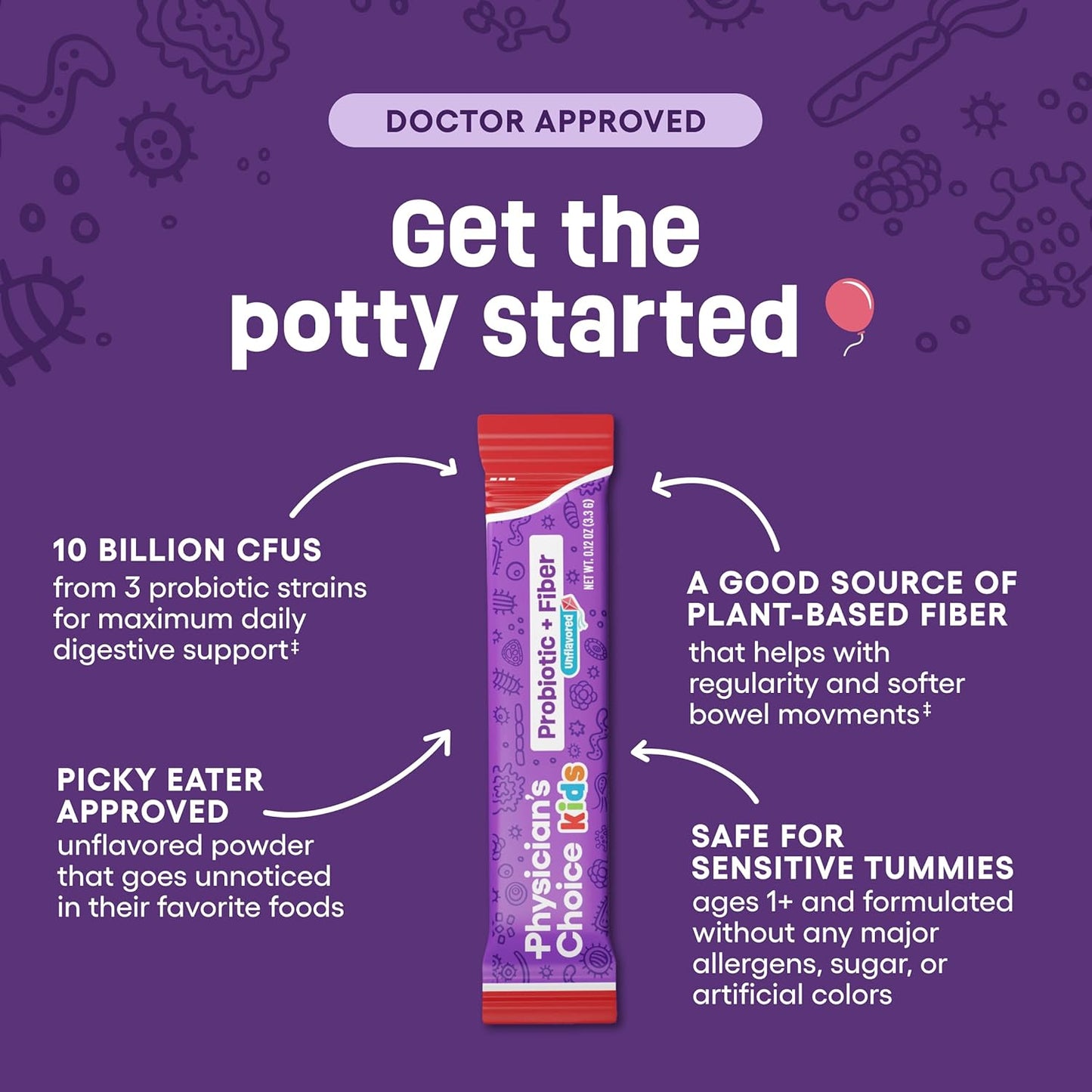 Kids Probiotic and Prebiotic Fiber Packets for Digestive Health - Physician's Choice - Ages 1+, Supports Regularity and Constipation - Unflavored - 24 Packets