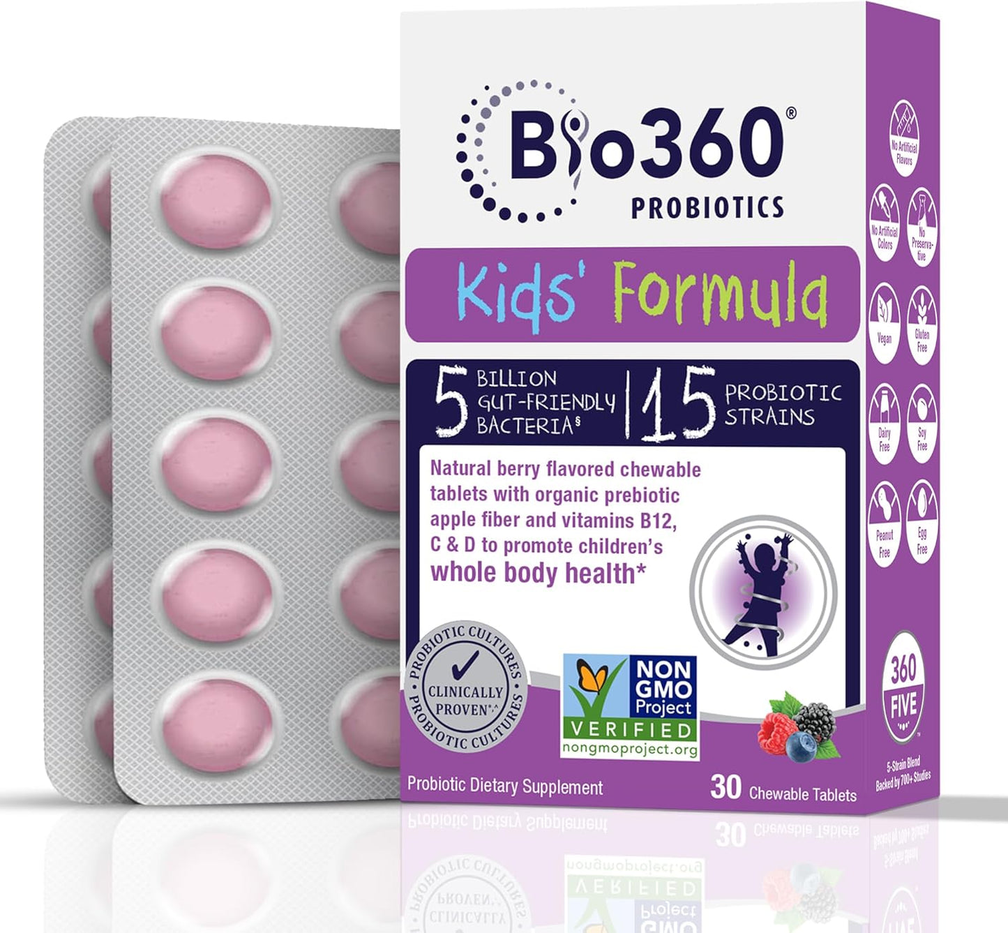 Kids Probiotic Chewables with 15 Strains & 5 Billion CFU for Brain, Immune & Digestive Health - Organic Prebiotics for Gut & Constipation - Mixed Berry Flavor - 30 Count