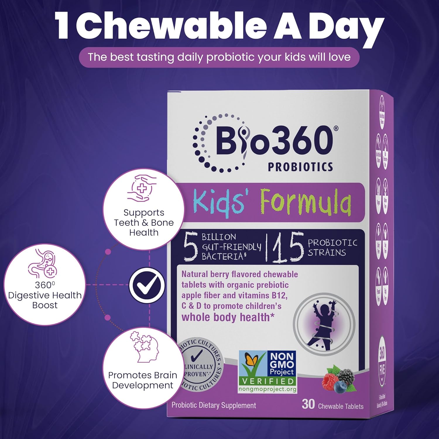 Kids Probiotic Chewables with 15 Strains & 5 Billion CFU for Brain, Immune & Digestive Health - Organic Prebiotics for Gut & Constipation - Mixed Berry Flavor - 30 Count