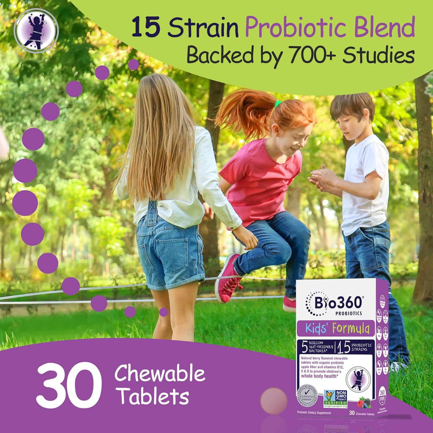 Kids Probiotic Chewables with 15 Strains & 5 Billion CFU for Brain, Immune & Digestive Health - Organic Prebiotics for Gut & Constipation - Mixed Berry Flavor - 30 Count