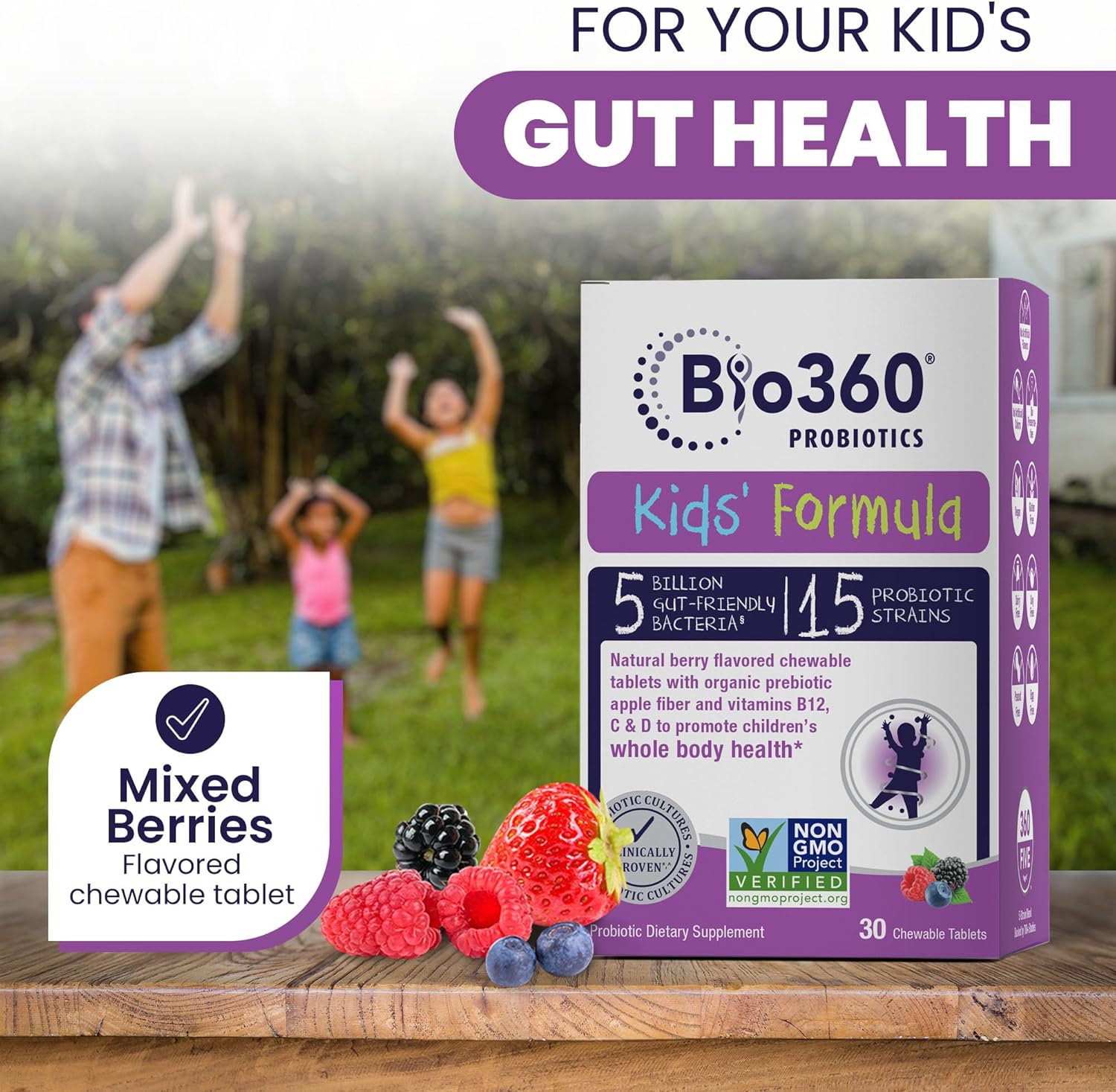 Kids Probiotic Chewables with 15 Strains & 5 Billion CFU for Brain, Immune & Digestive Health - Organic Prebiotics for Gut & Constipation - Mixed Berry Flavor - 30 Count