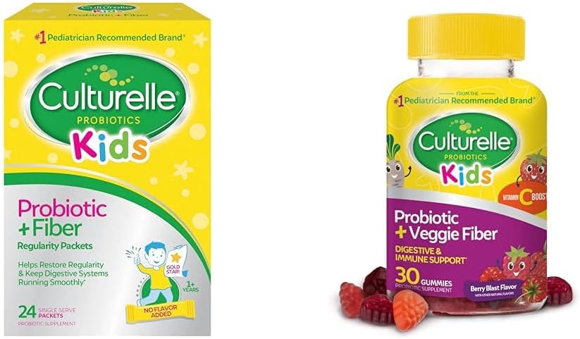 Kids Probiotic & Fiber Packets + Veggie Fiber Gummies - 24 Probiotic Packets & 30 Fiber Gummies for Digestive Health & Immune Support - Ages 3+